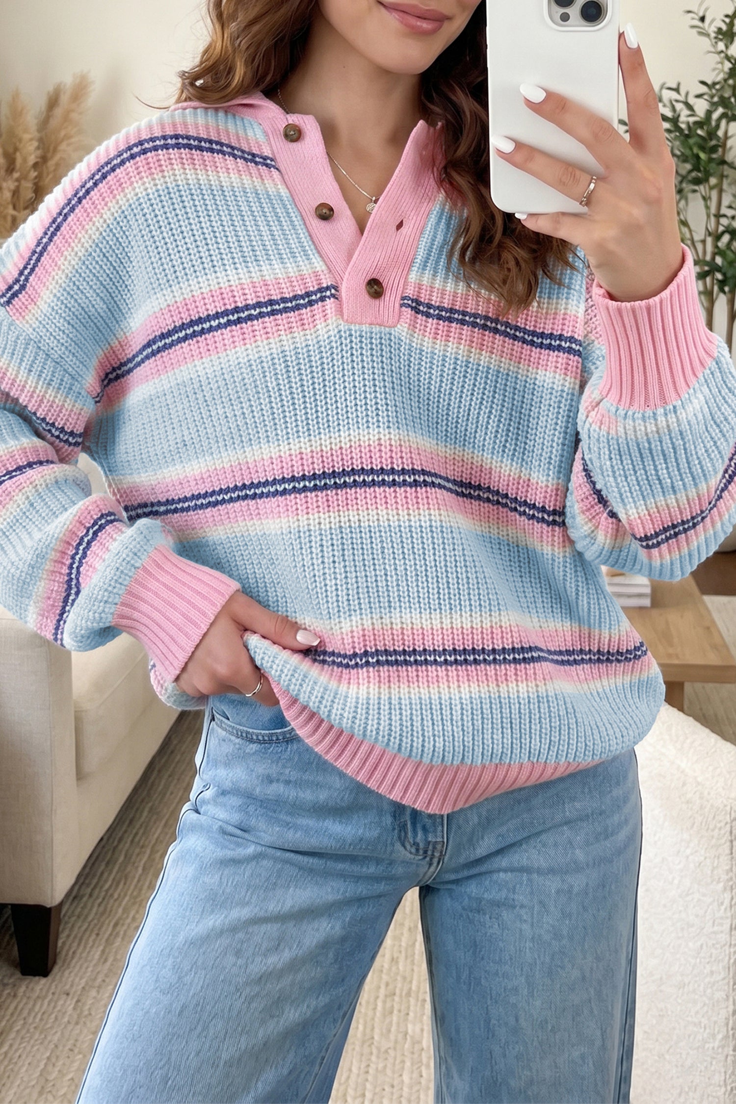 Sky Blue Stripe Striped Button Collar Long Sleeve Shift Fit Winter Knitwear Sweater