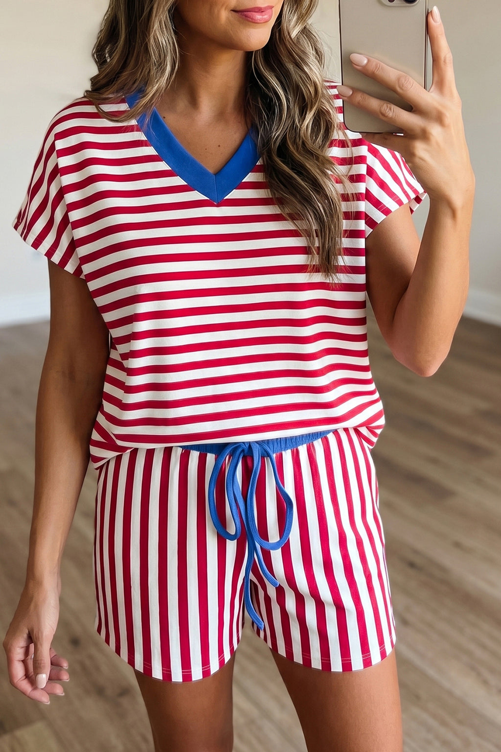 Pink Stripe Colorblock Trim V Neck Tee Drawstring Elastic Waist Short Set