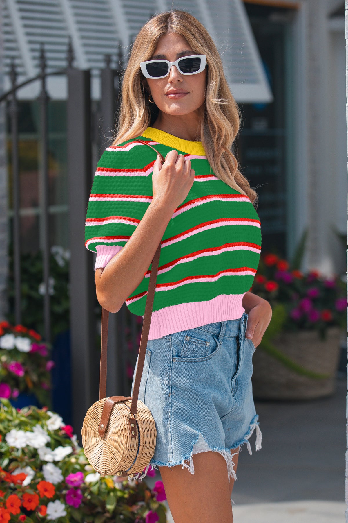Sky Blue Stripe Colorblock Trim Half Sleeve Sweater Top