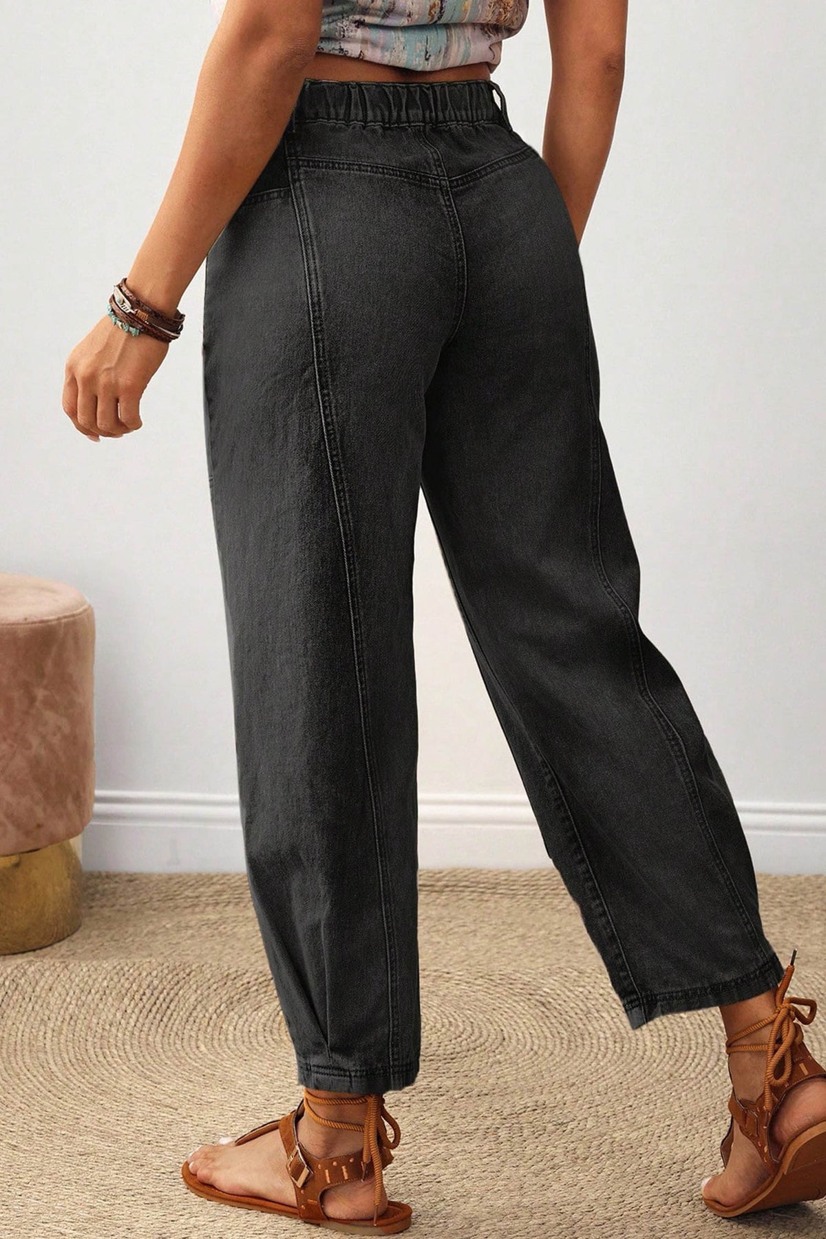 Beau Blue Decorative Seam Patchwork Detail Solid Color Jeans