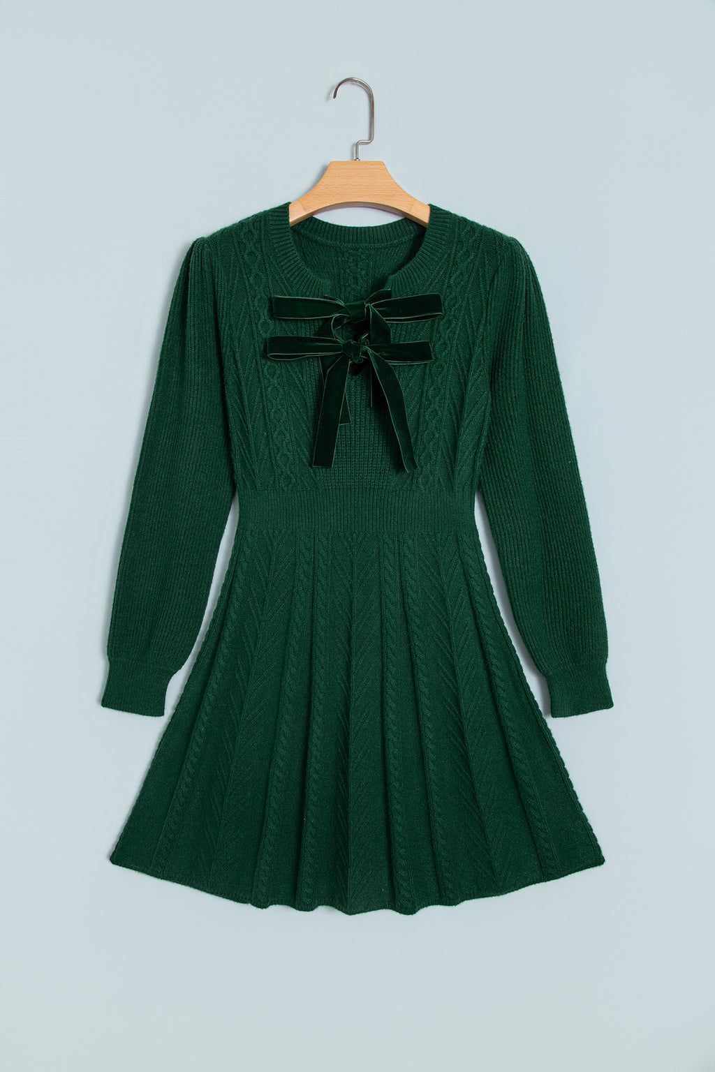 Blackish Green Ribbed Cable Knit Ribbon Knot Sweater Mini Dress