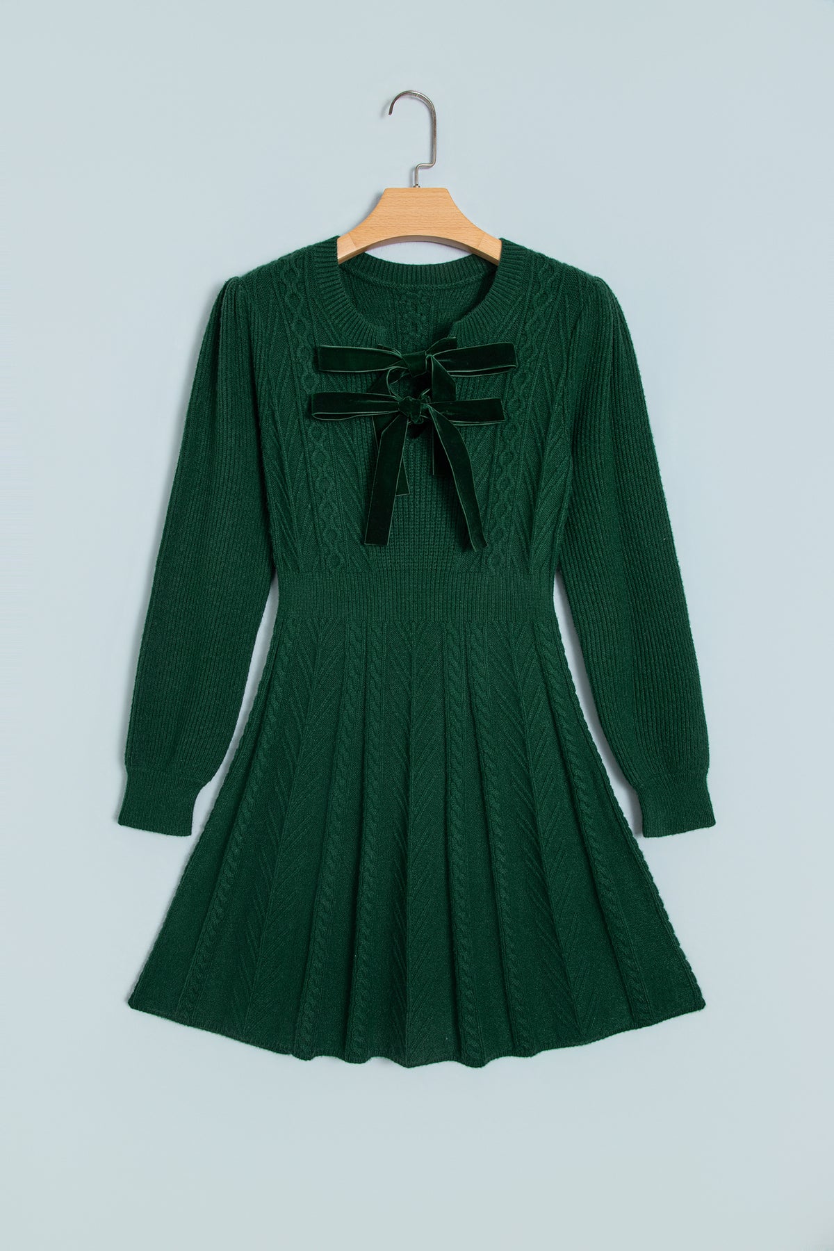 Blackish Green Ribbed Cable Knit Ribbon Knot Sweater Mini Dress