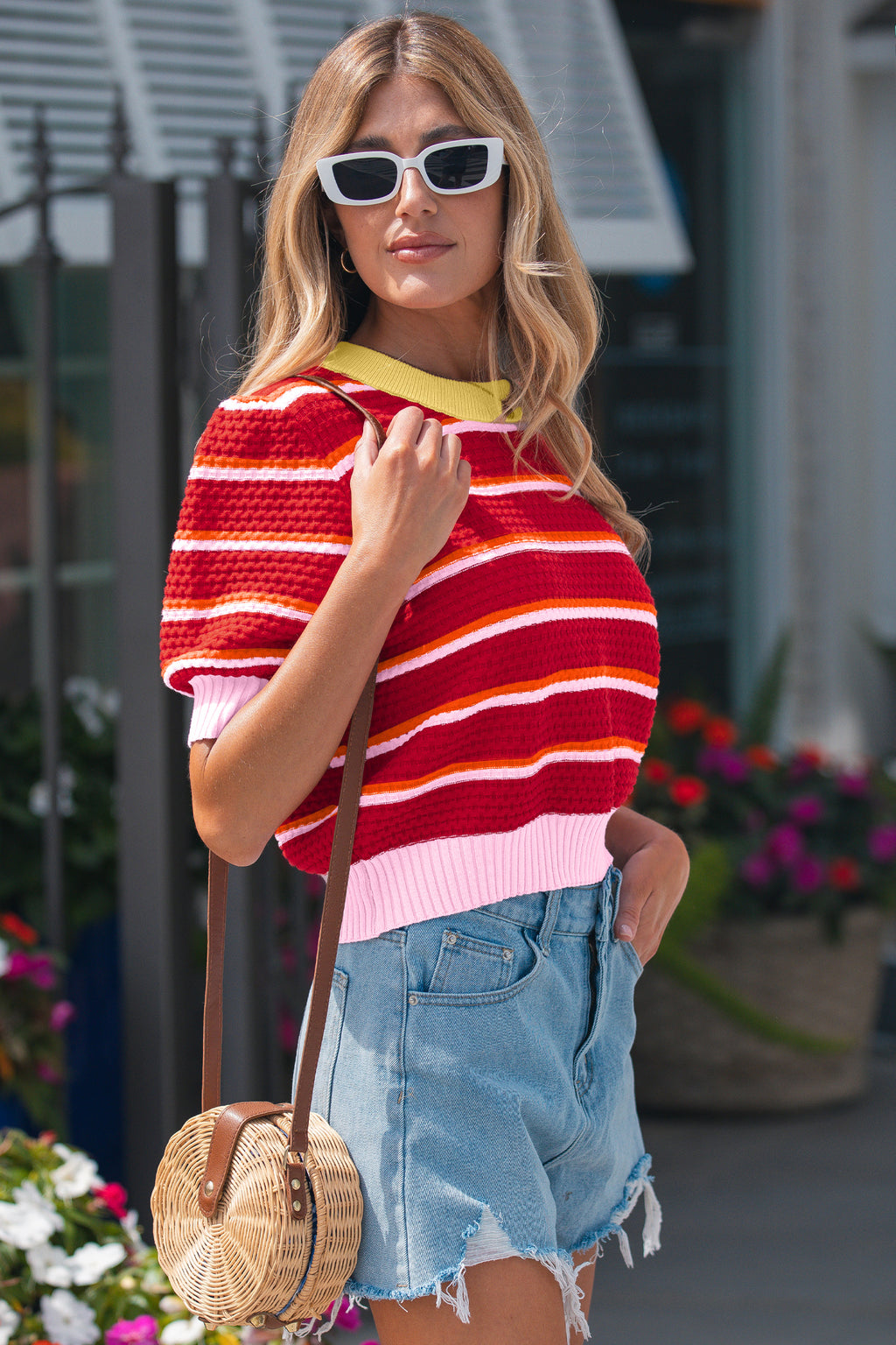 Sky Blue Stripe Colorblock Trim Half Sleeve Sweater Top