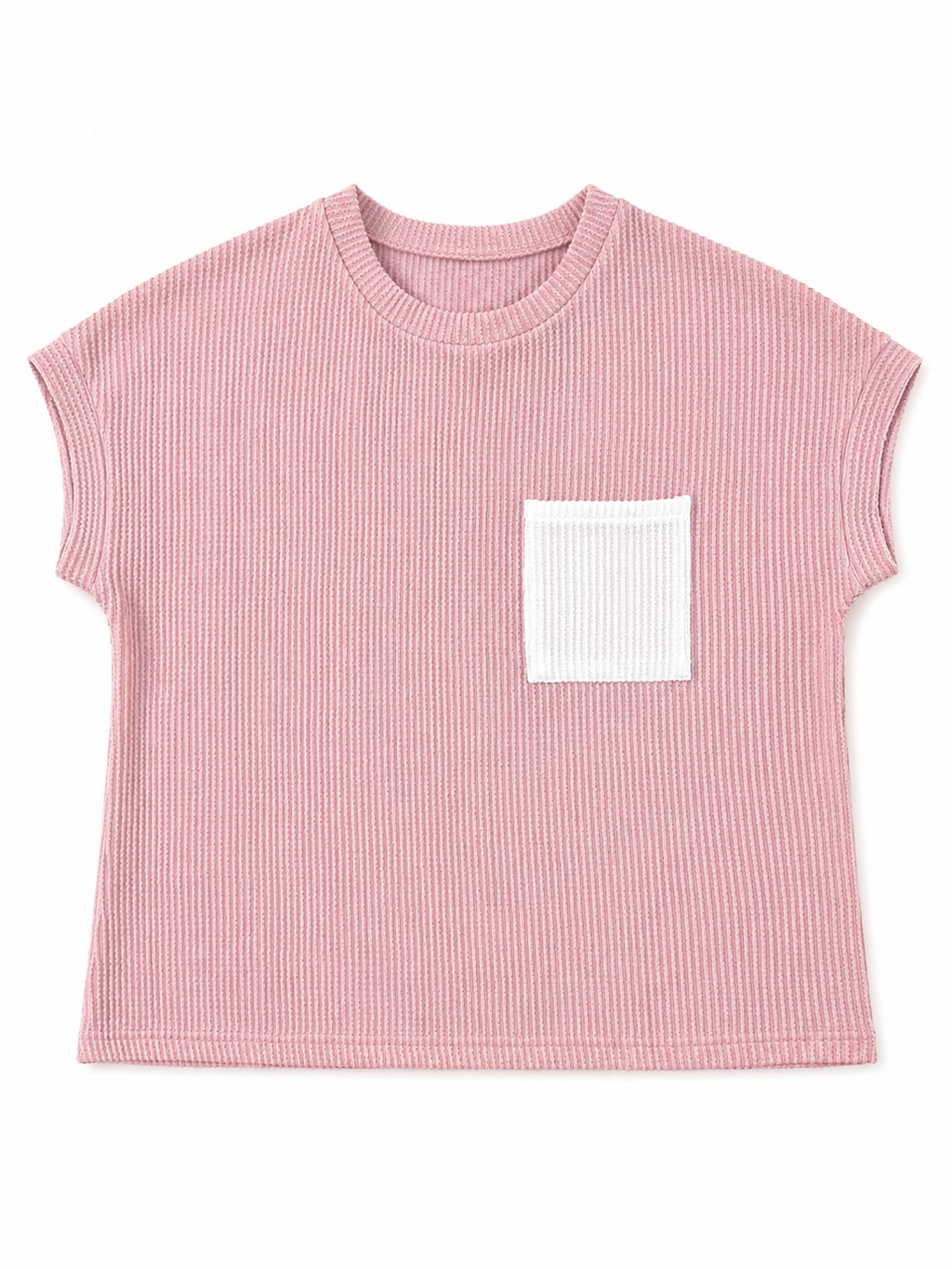 Pink Corded Knit Color Block Pocketed Crew Neck T Shirt
