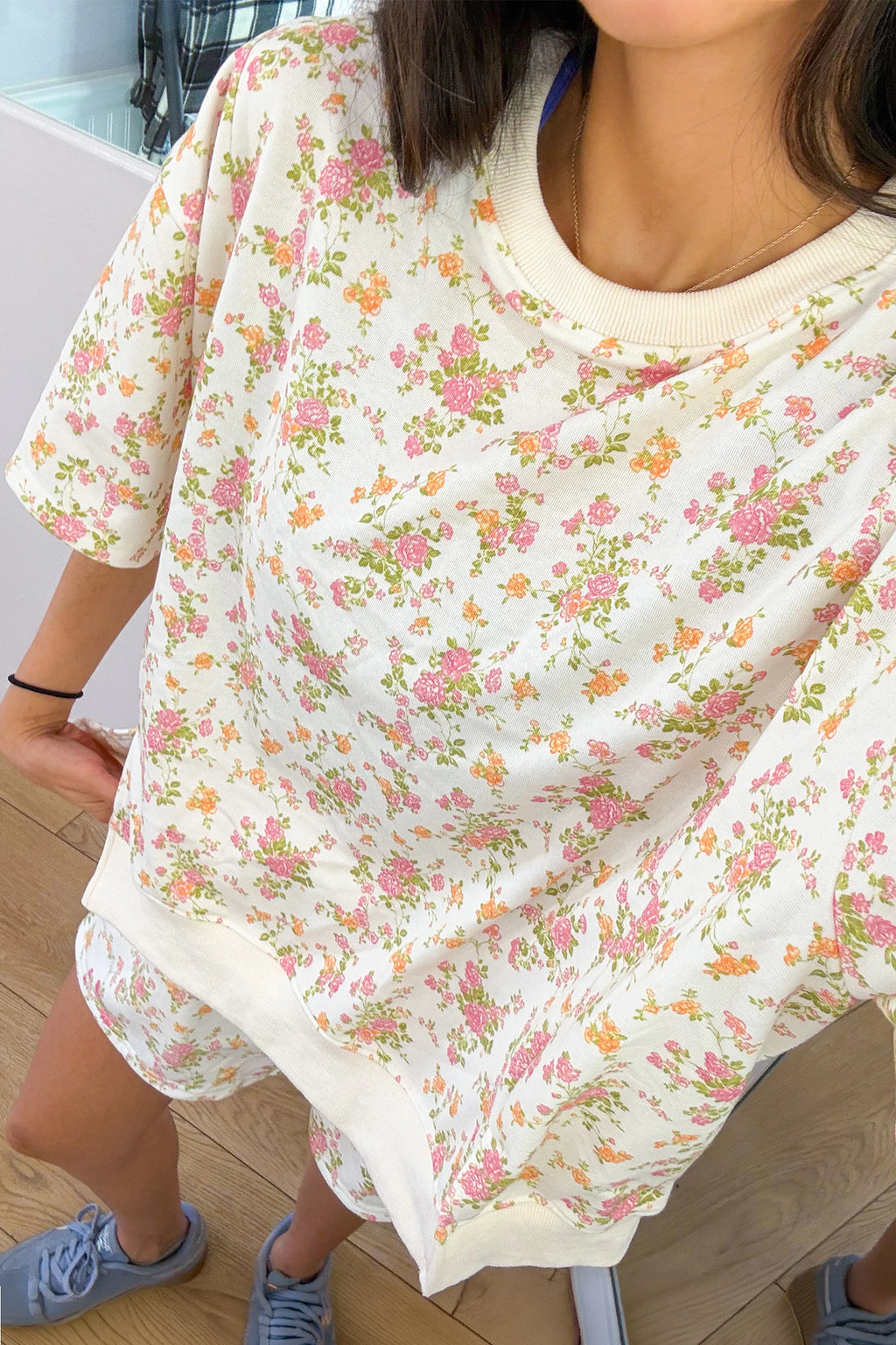Pink Floral Print Short Sleeve Elastic Waist Pocket Casual Two Piece Short Sets