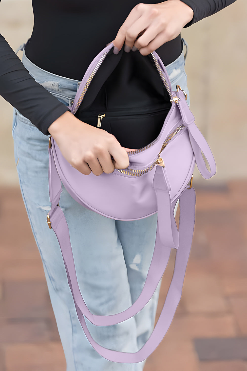 Dark Grey Double Zip Crescent Shape Adjustable Sling Bag