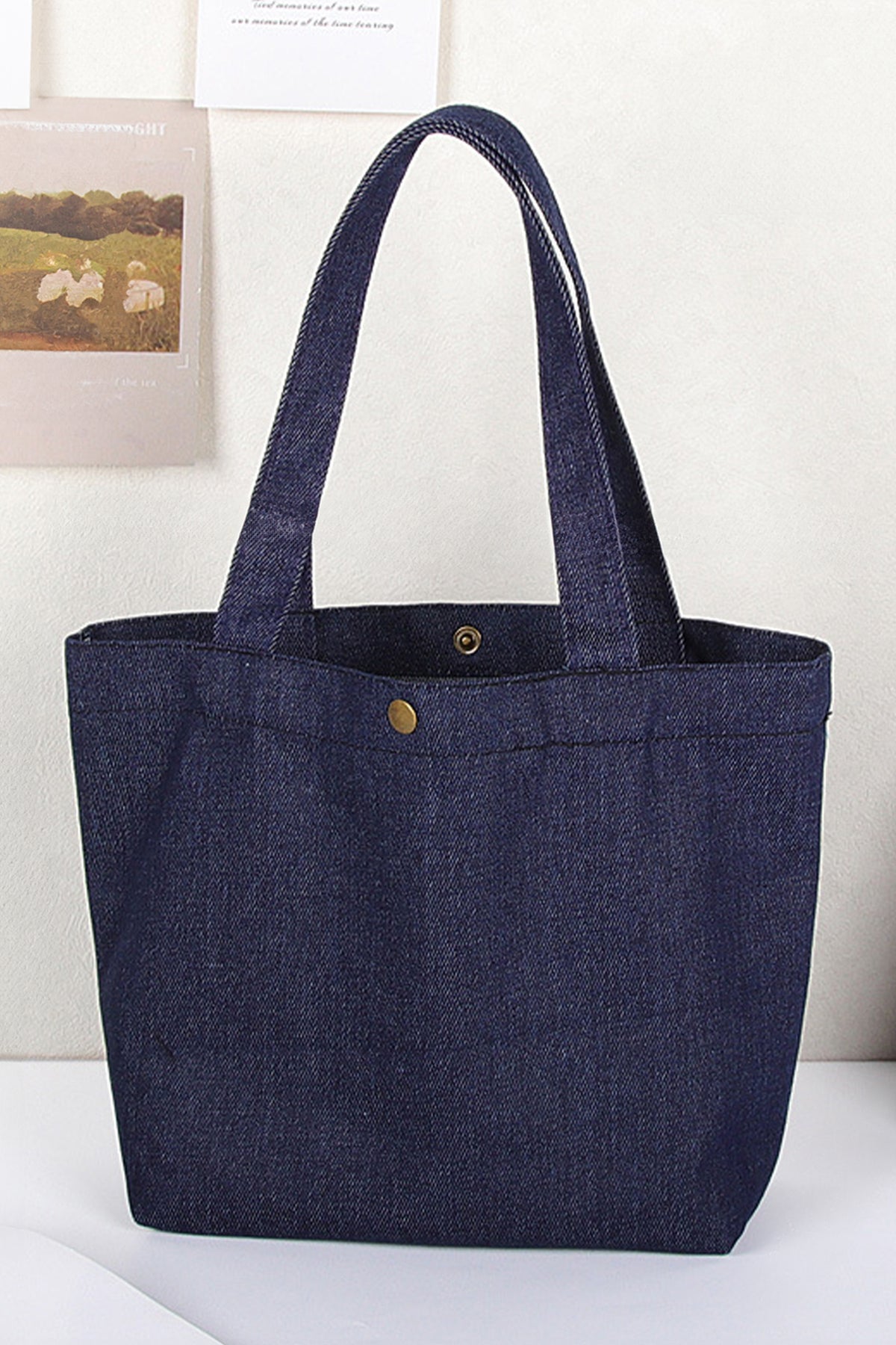 Navy Blue Vintage Denim Snap Button Tote Bag