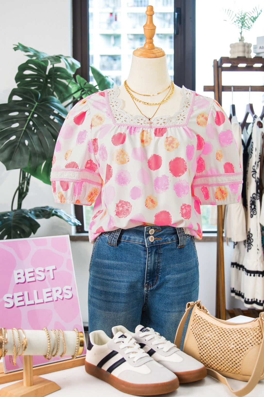 Pink Polka Dot Lace Trim Square Neck Puff Sleeve Blouse