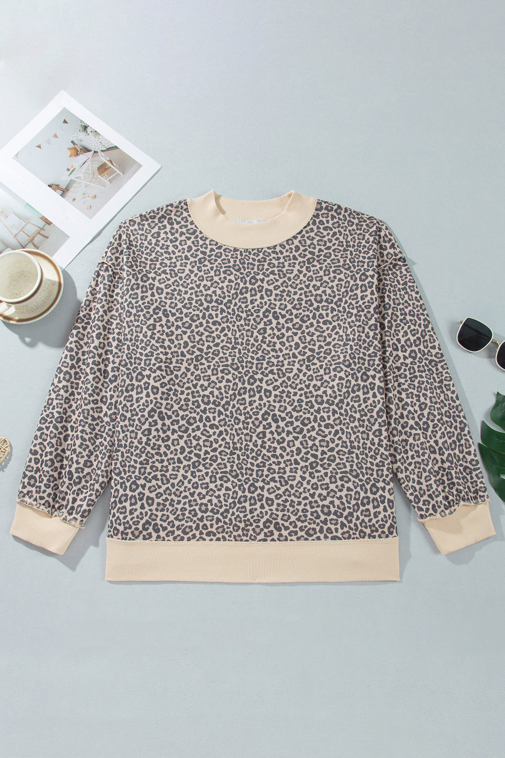 Multicolour Plus Size Leopard Print Ribbed Color Block Mock Neck Tunic Sweatshirt