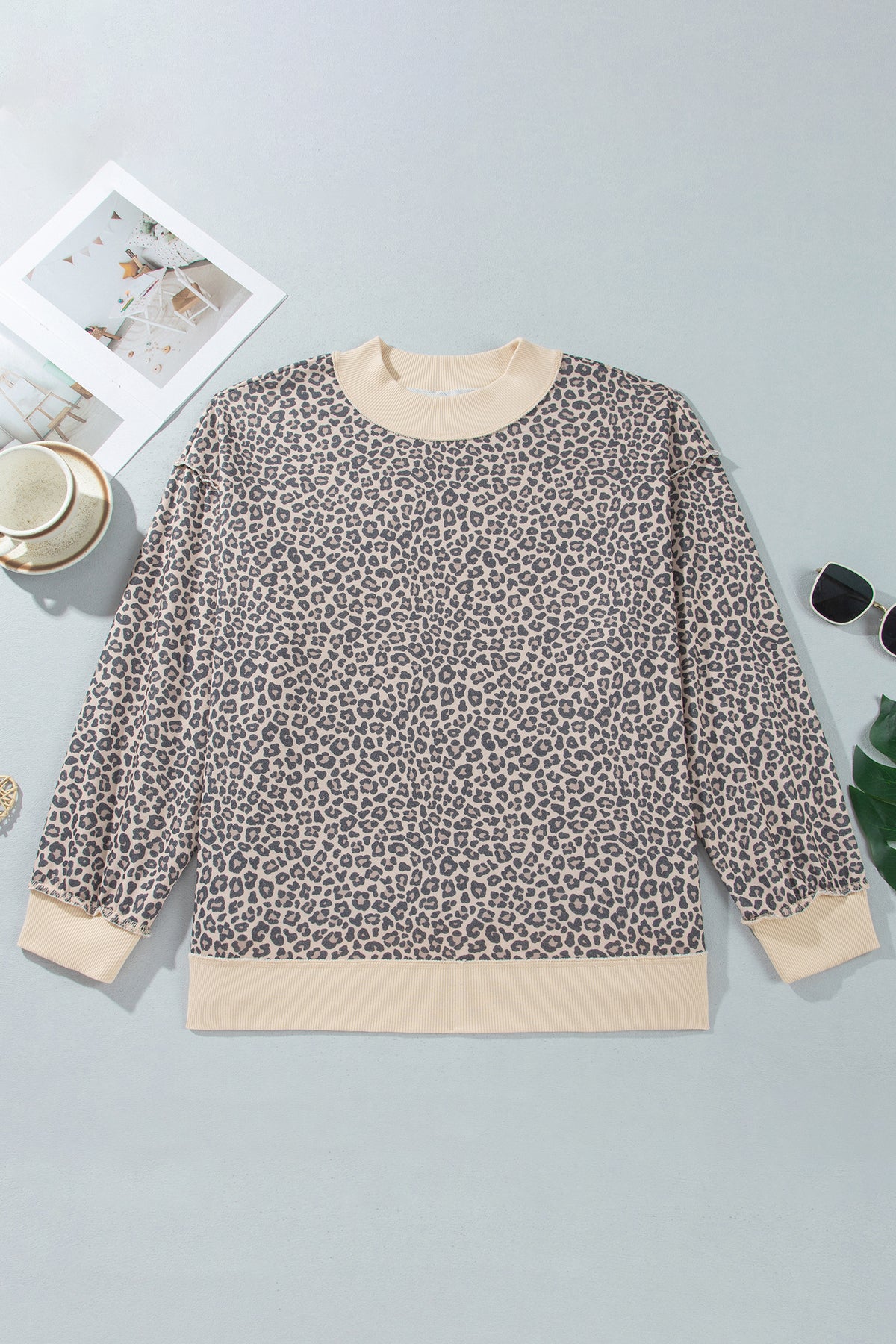 Multicolour Plus Size Leopard Print Ribbed Color Block Mock Neck Tunic Sweatshirt