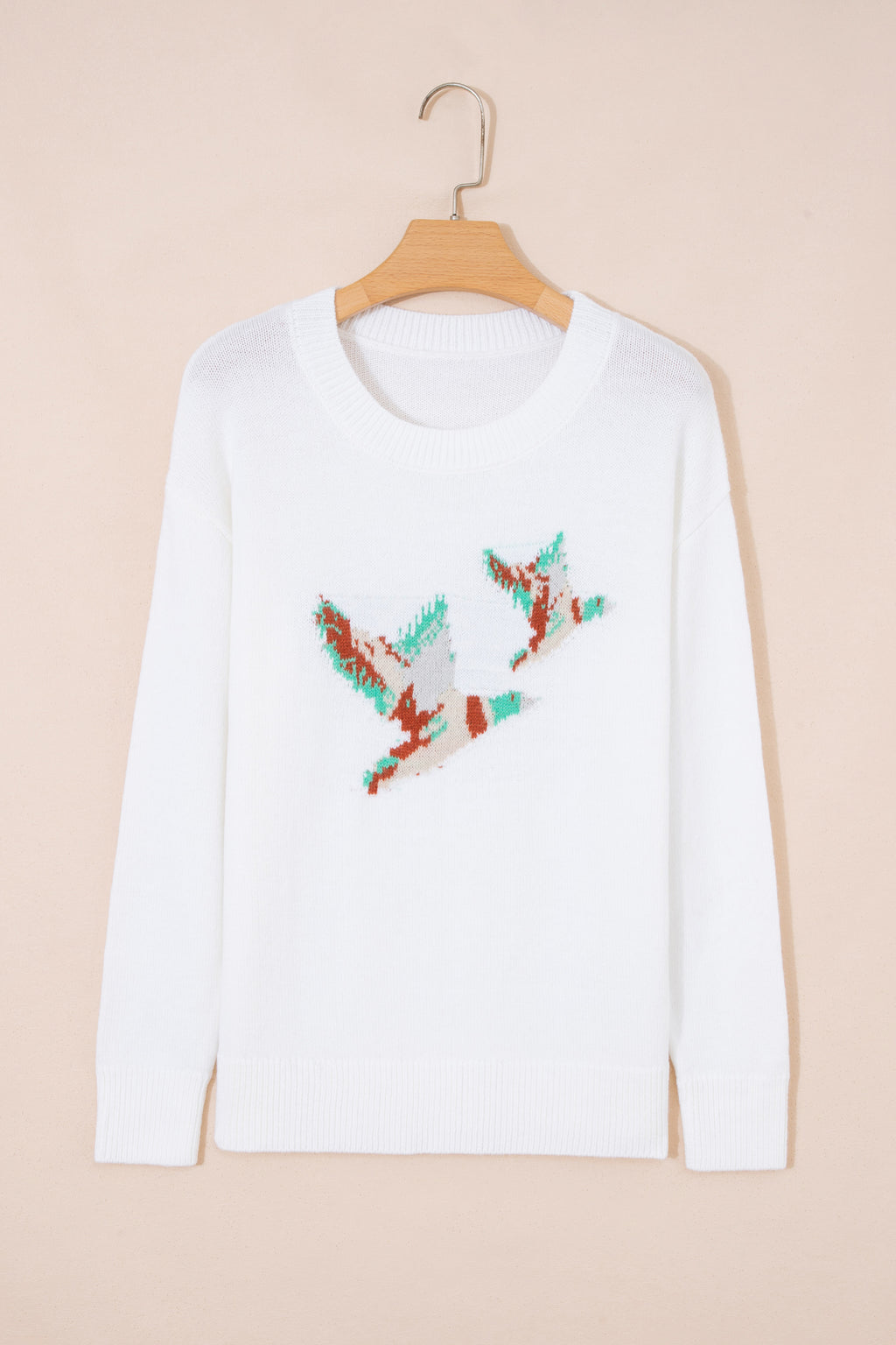 White Retro Flying Mallard Pattern Drop Shoulder Pullover Sweater