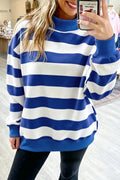 Blue Stripe Colorblock Mock Neck Relaxed Sweatshirt