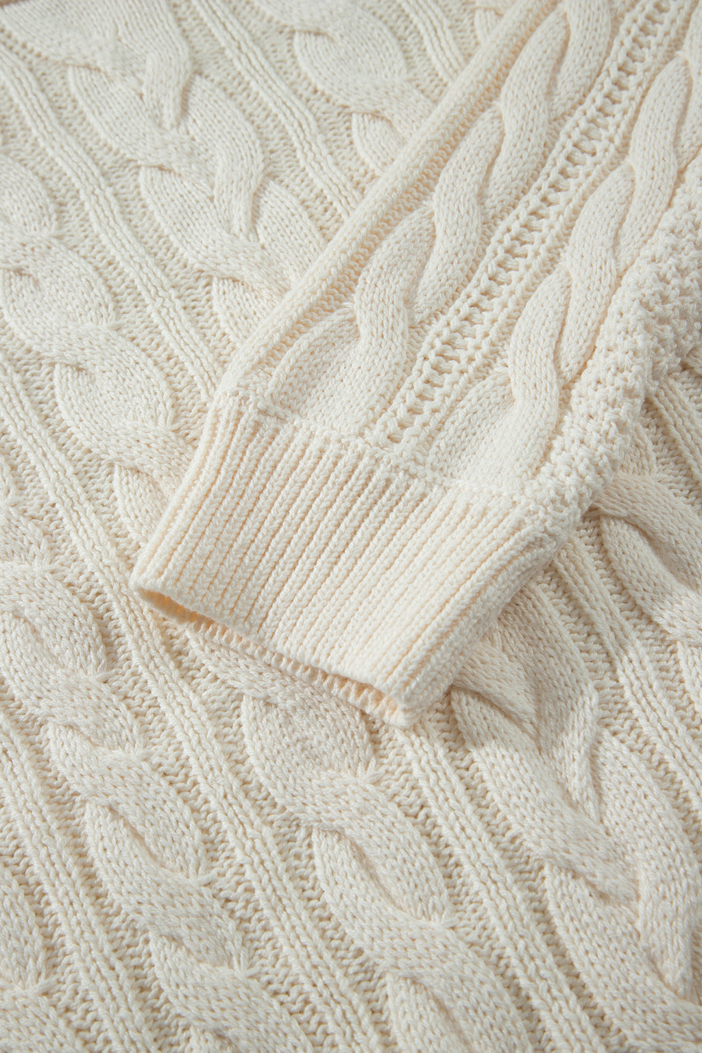 Beige Drop Shoulder Round Neck Cable Knit Sweater
