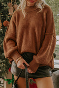 Chestnut Solid Color Mock Neck Oversized Tunic Sweater