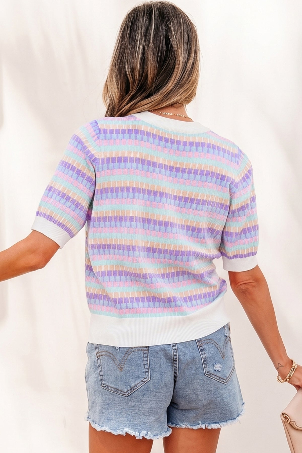 Purple Abstract Striped Knit Short Sleeve Sweater