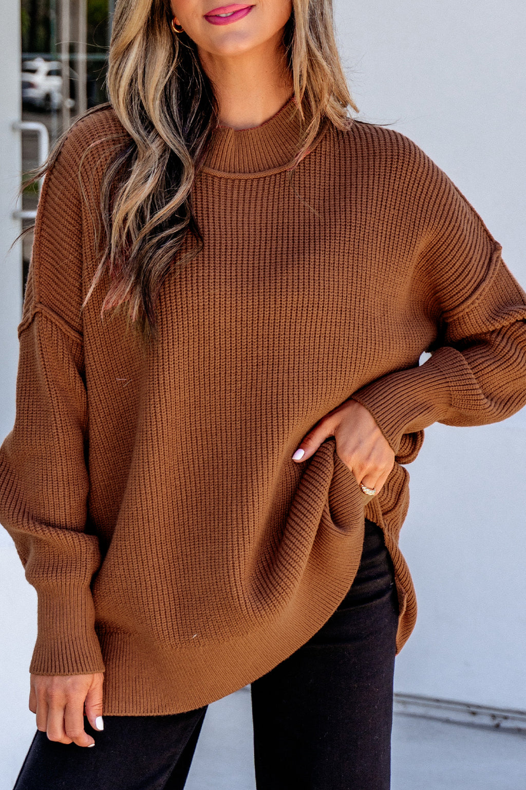 Chestnut Solid Color Mock Neck Oversized Tunic Sweater