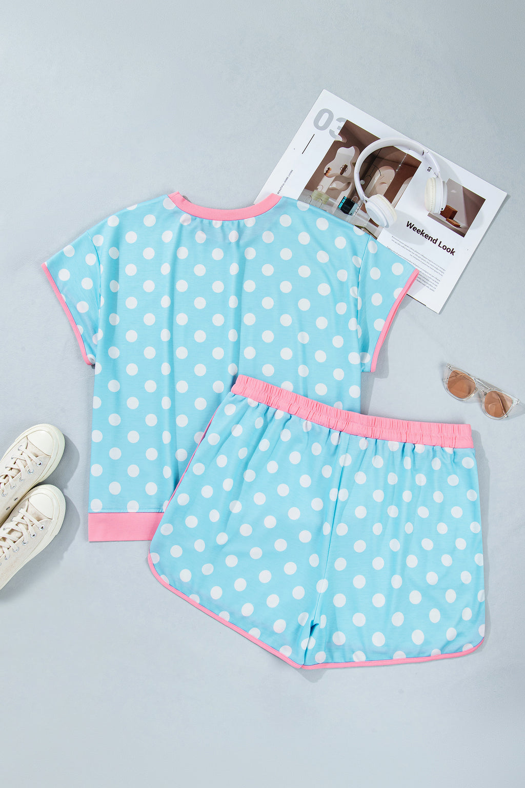 Sky Blue Polka Dot Print Color Block Trim Plus Size 2pcs Short Set