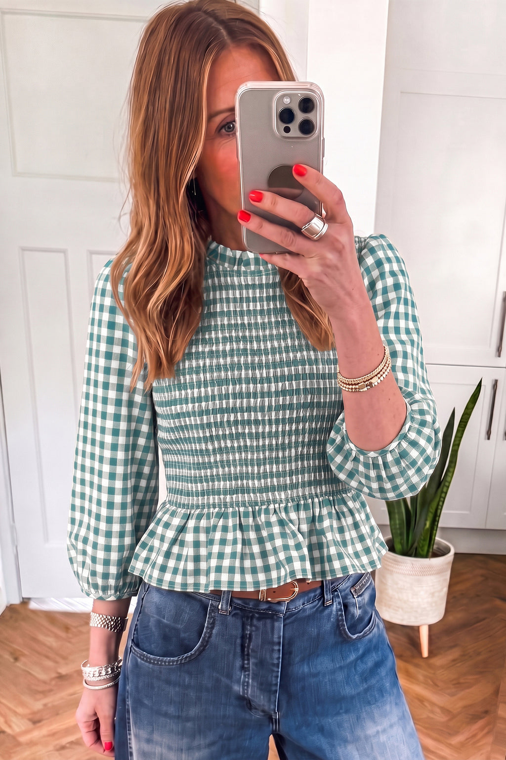 Red 3/4 Sleeve Shirred Plaid Peplum Top