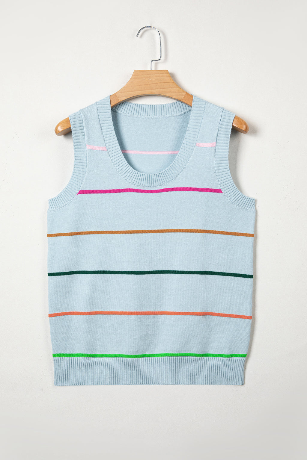 Green Stripe Round Neck Knitted Sweater Tank