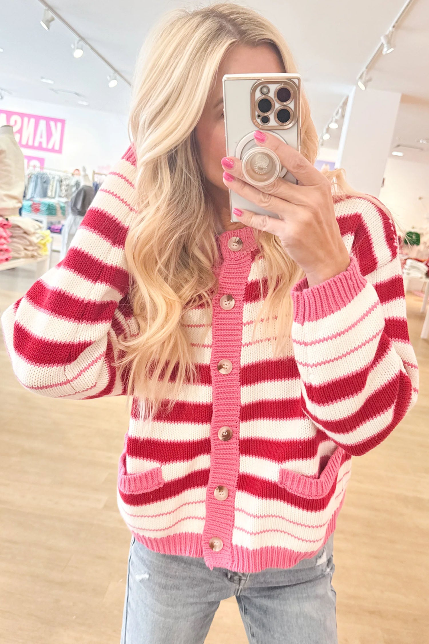 Red Stripe V Neck Long Sleeve Regular Fit Cardigan
