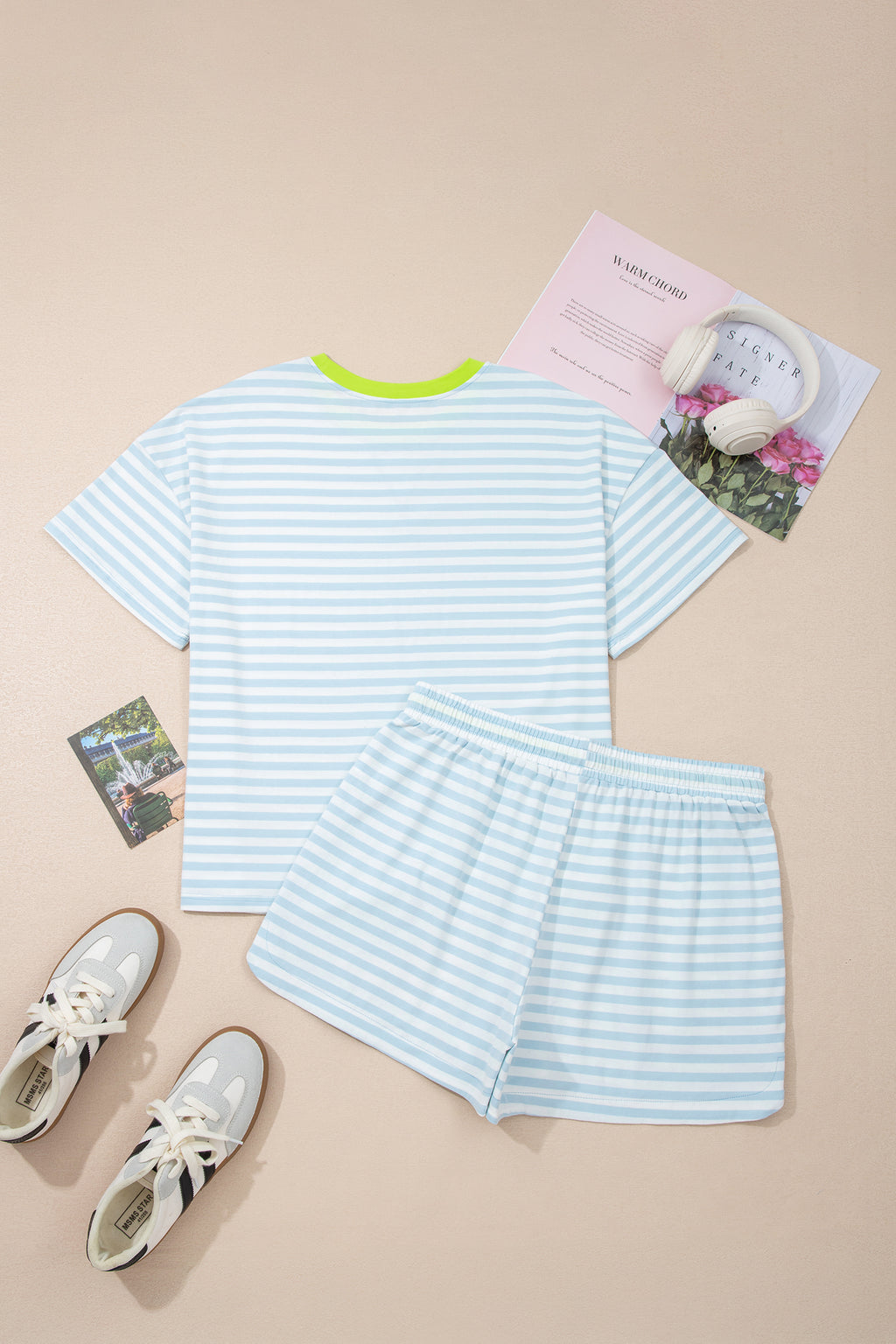 Yellow Stripe Contrast Neck Loose Tee and Drawstring Shorts Set