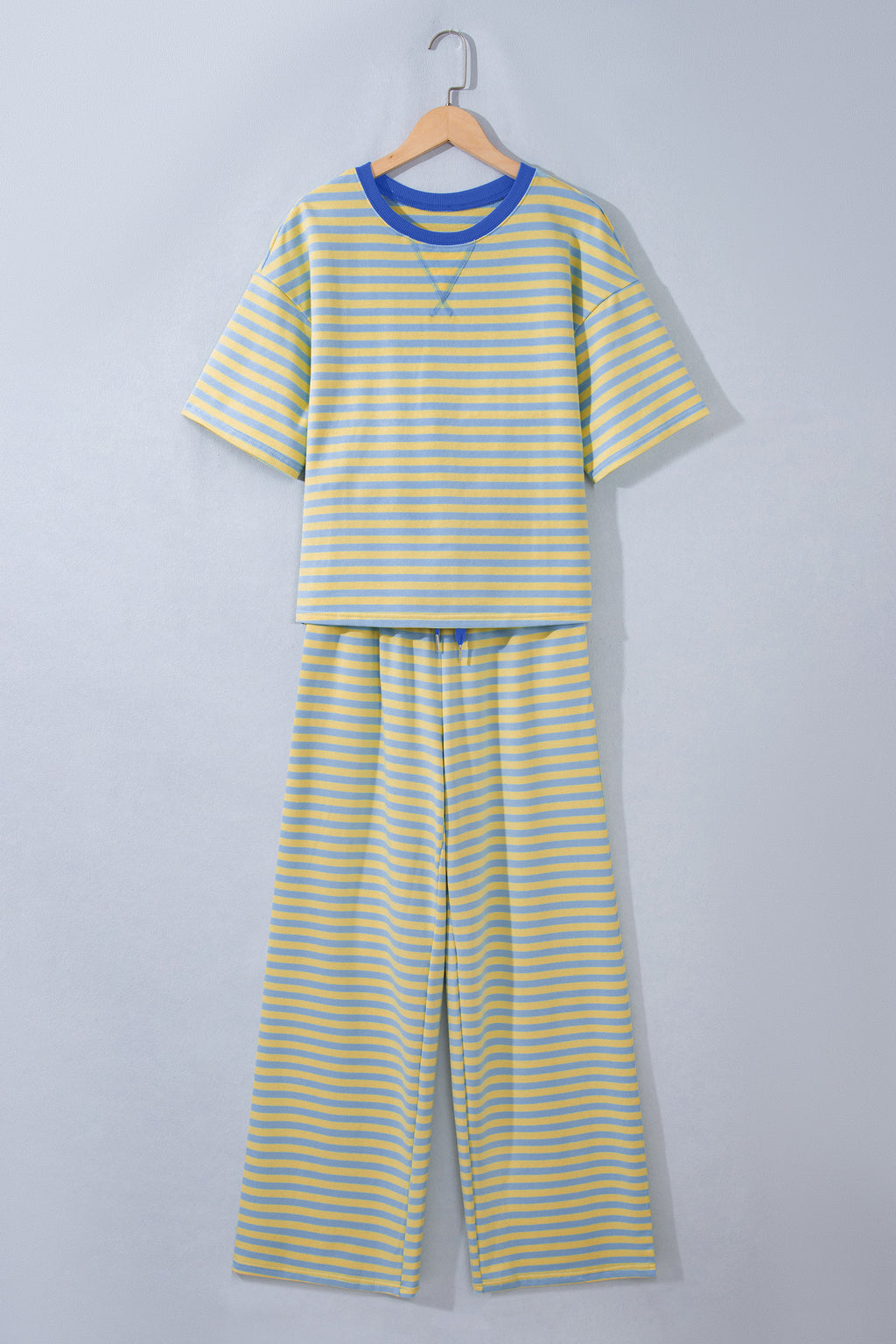 Yellow Stripe Colorblock Trim Crew Neck Loose Tee Drawstring Elastic Waist 2pcs Pant Set