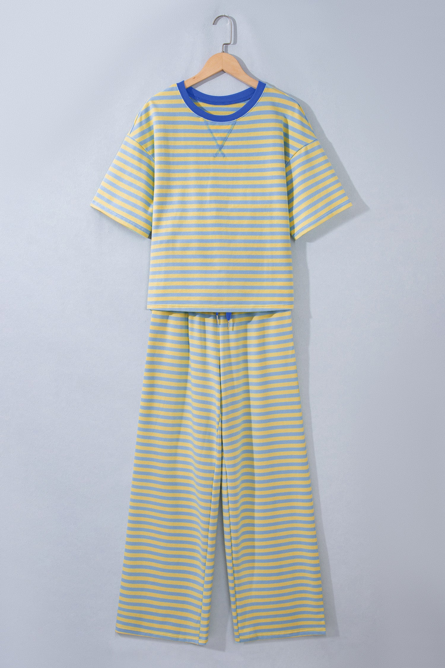 Yellow Stripe Colorblock Trim Crew Neck Loose Tee Drawstring Elastic Waist 2pcs Pant Set