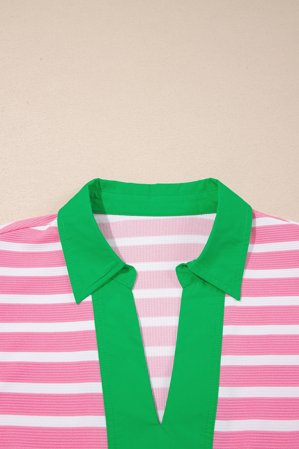 Black Stripe Short Puff Sleeve Color Block Polo Collar Blouse