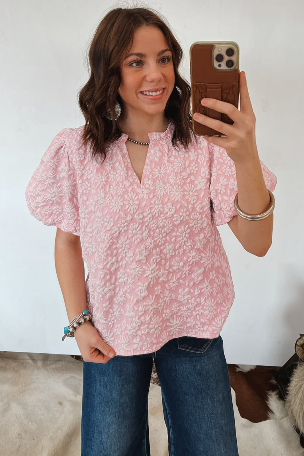 Apricot Pink Floral Textured Jacquard Puff Sleeve Blouse
