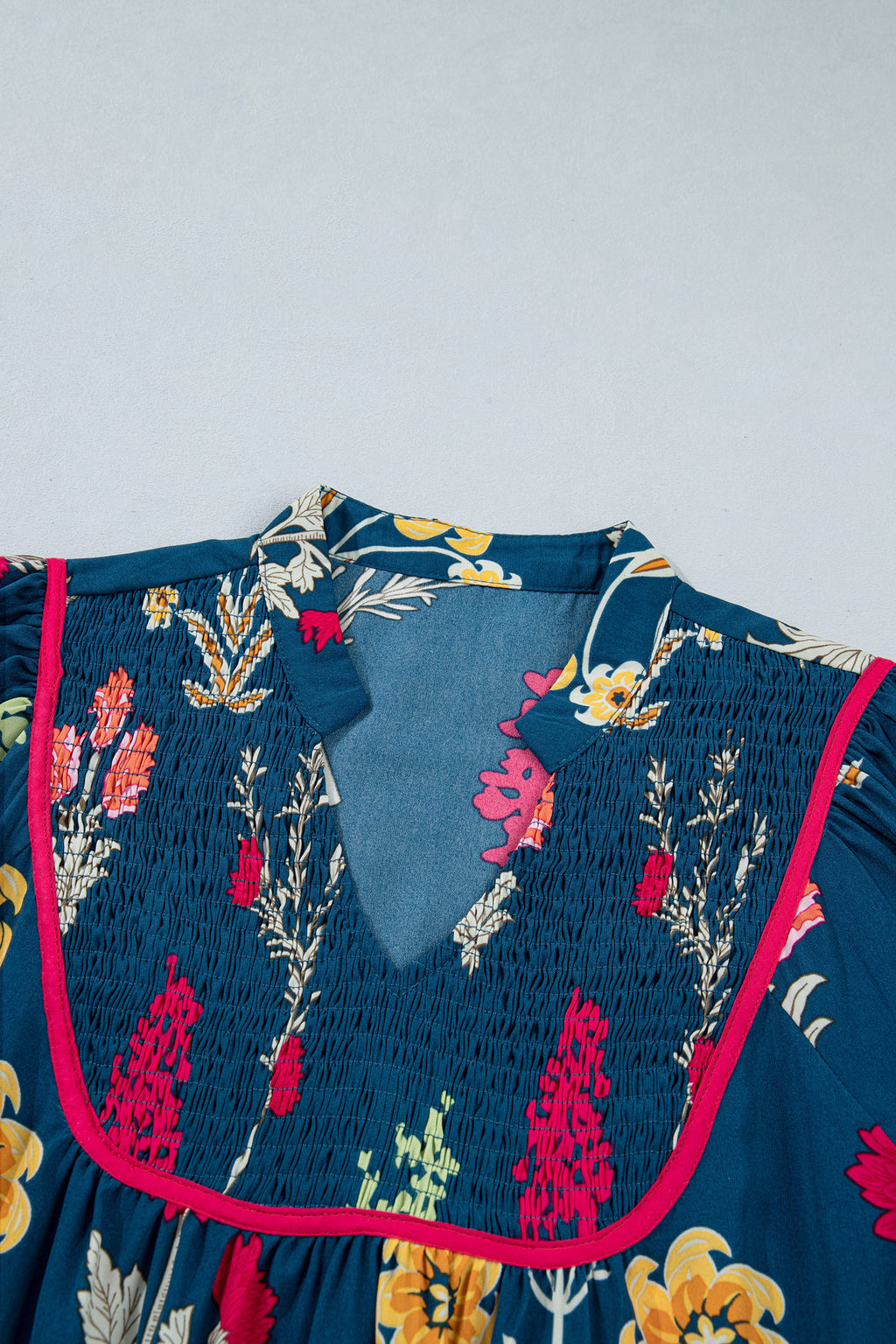 Blue Floral Print Gathered Neckline 7/8 Sleeve Casual Midi Dress