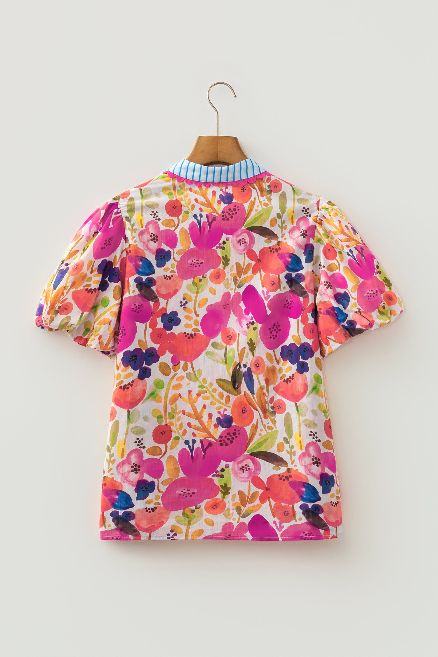 Rose Floral Print V Neck Short Puff Sleeve Cotton Blouse