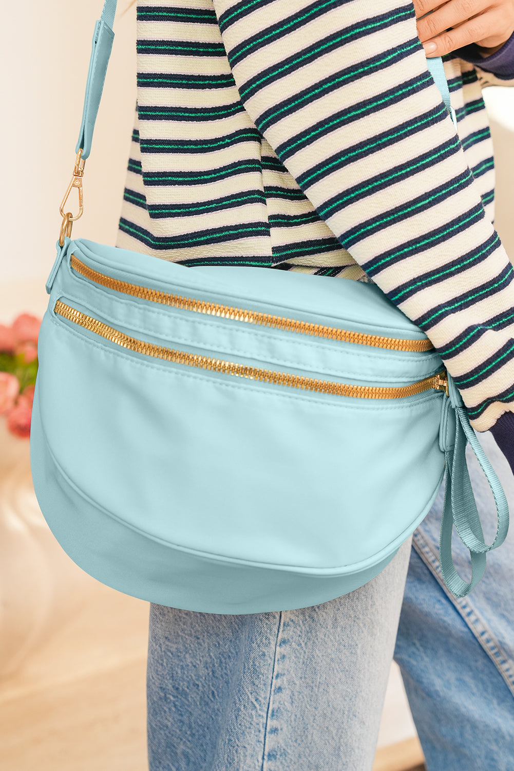 Dark Grey Double Zip Crescent Shape Adjustable Sling Bag