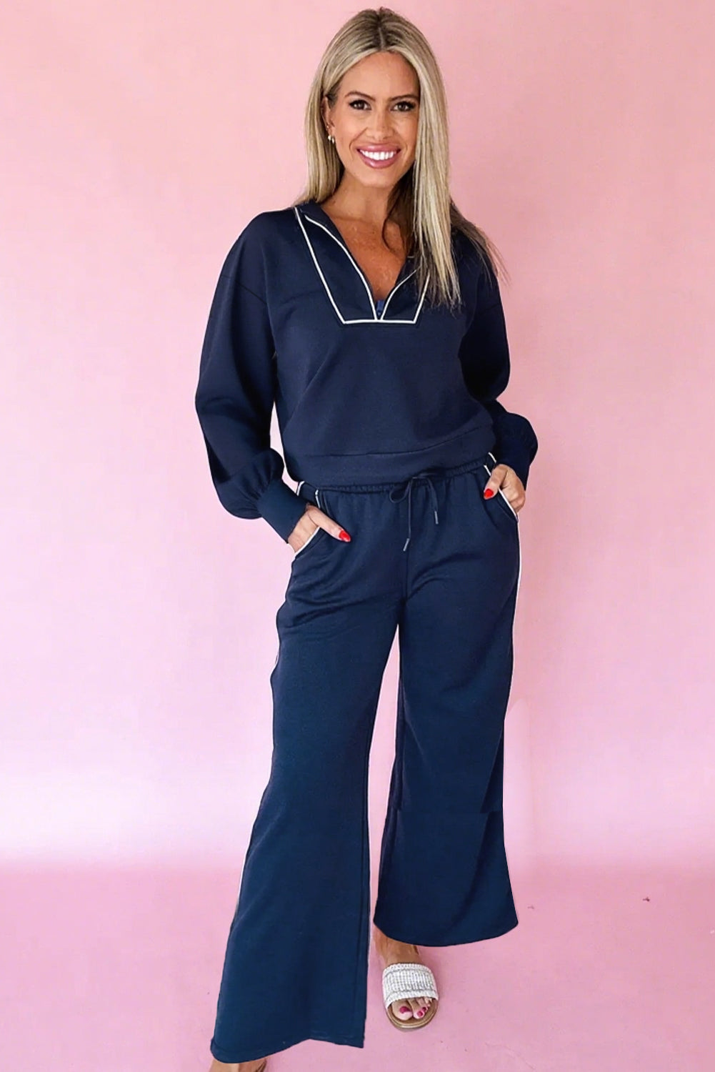 Navy Blue Contrast Piping Zipped Pullover Cropped Pants Set