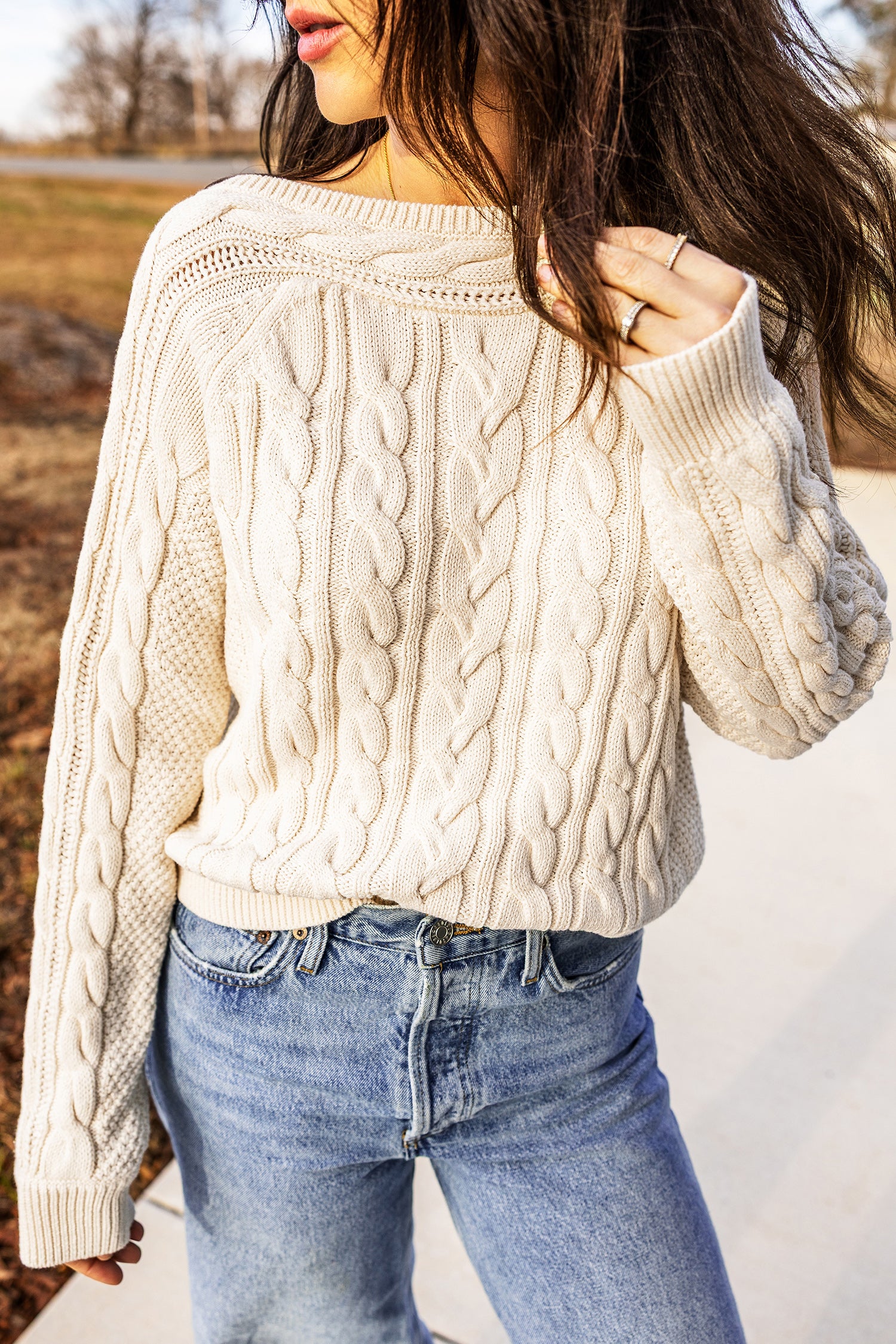 Beige Drop Shoulder Round Neck Cable Knit Sweater