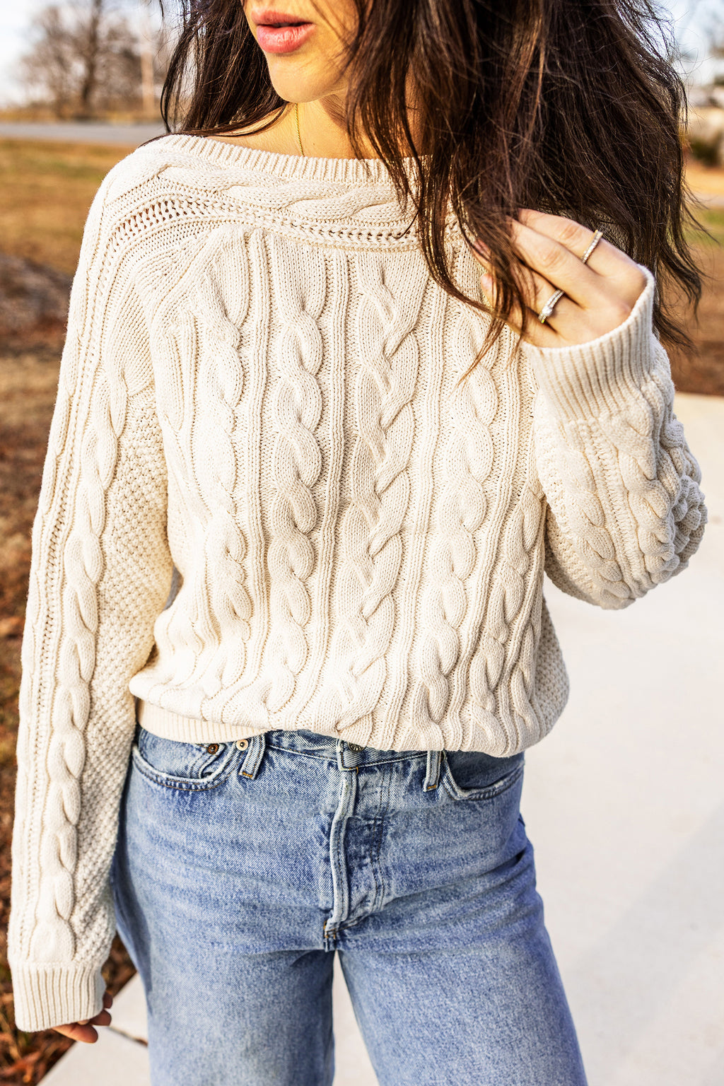 Beige Drop Shoulder Round Neck Cable Knit Sweater