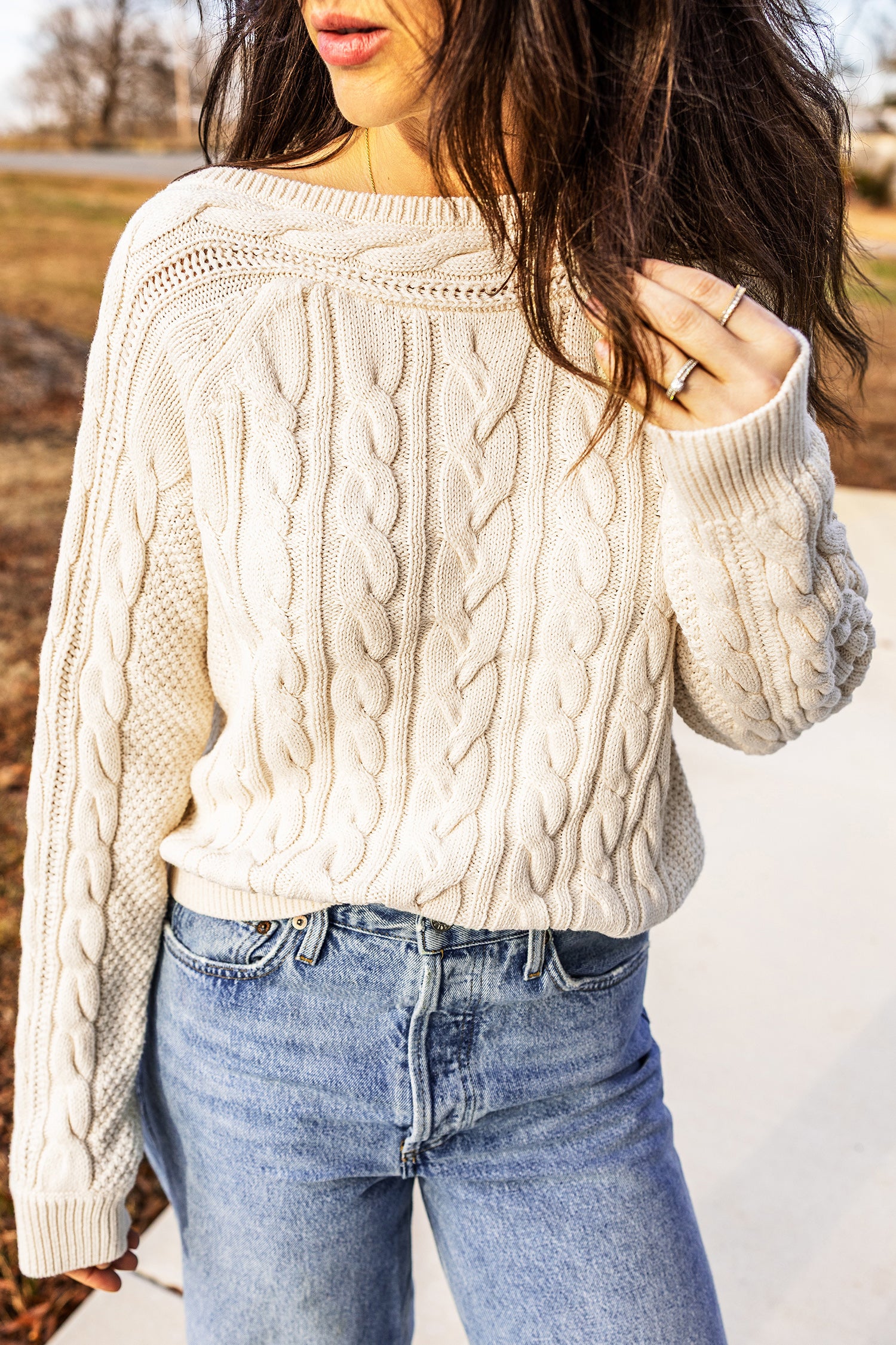 Beige Drop Shoulder Round Neck Cable Knit Sweater