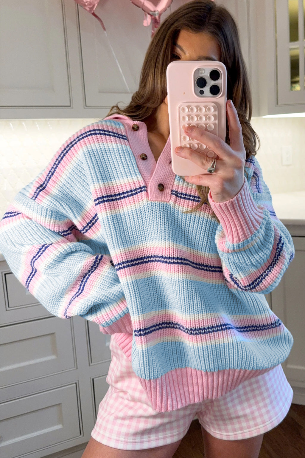 Sky Blue Stripe Striped Button Collar Long Sleeve Shift Fit Winter Knitwear Sweater