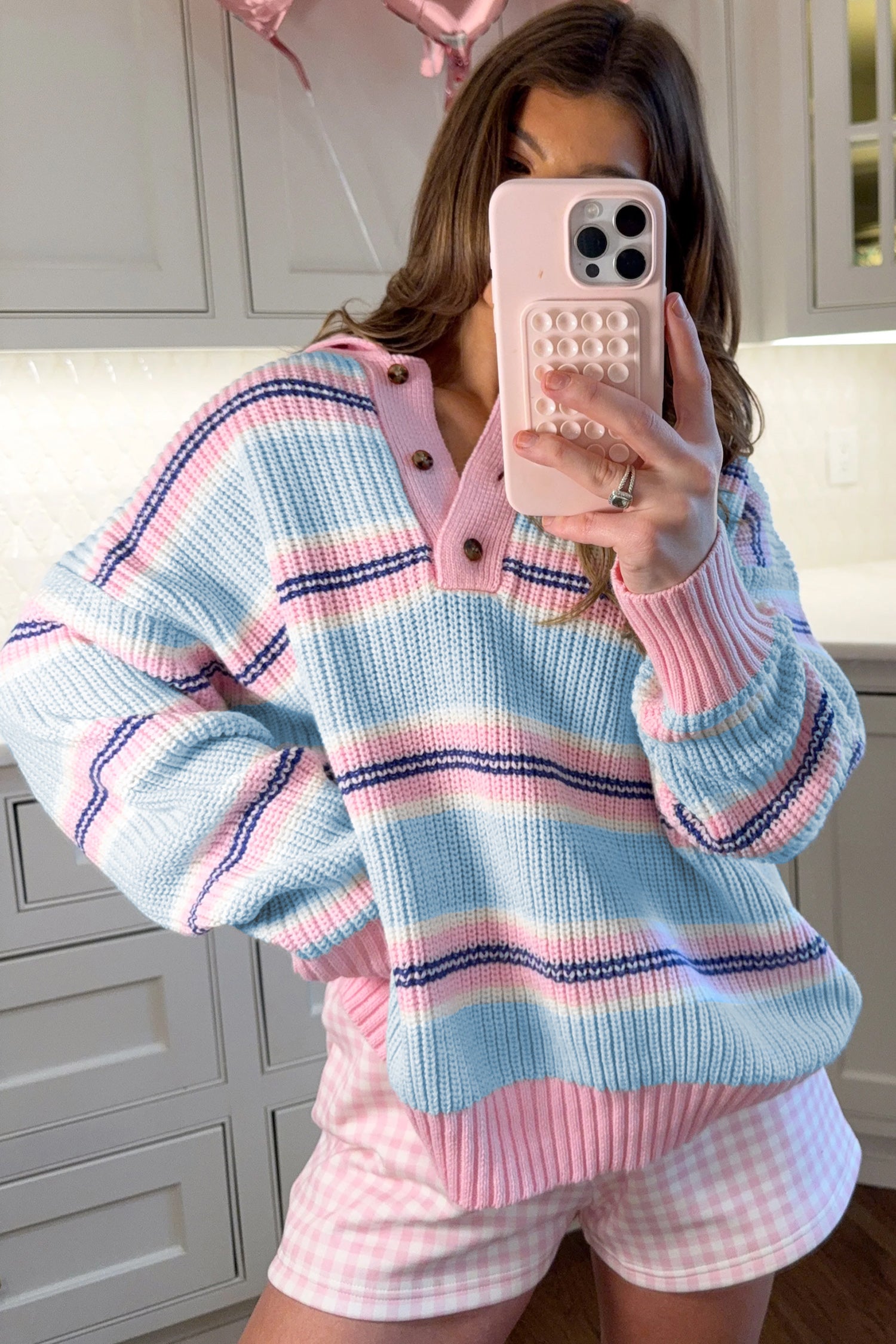 Sky Blue Stripe Striped Button Collar Long Sleeve Shift Fit Winter Knitwear Sweater