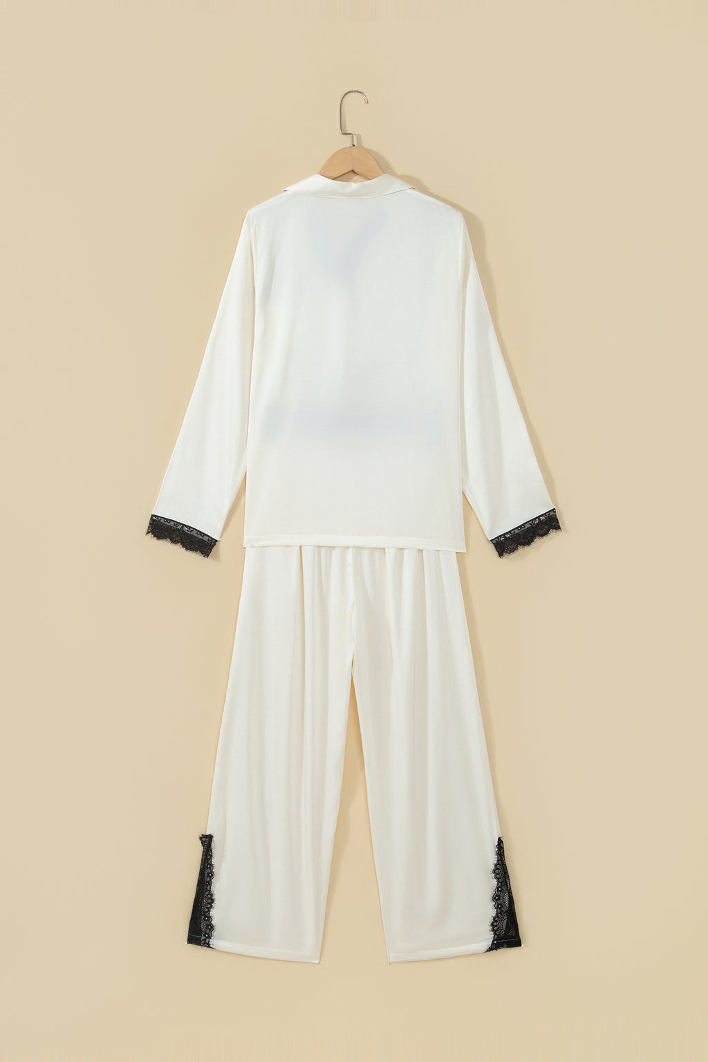 White Long Sleeve Lace Trim Button Front 2pcs Pajama Set