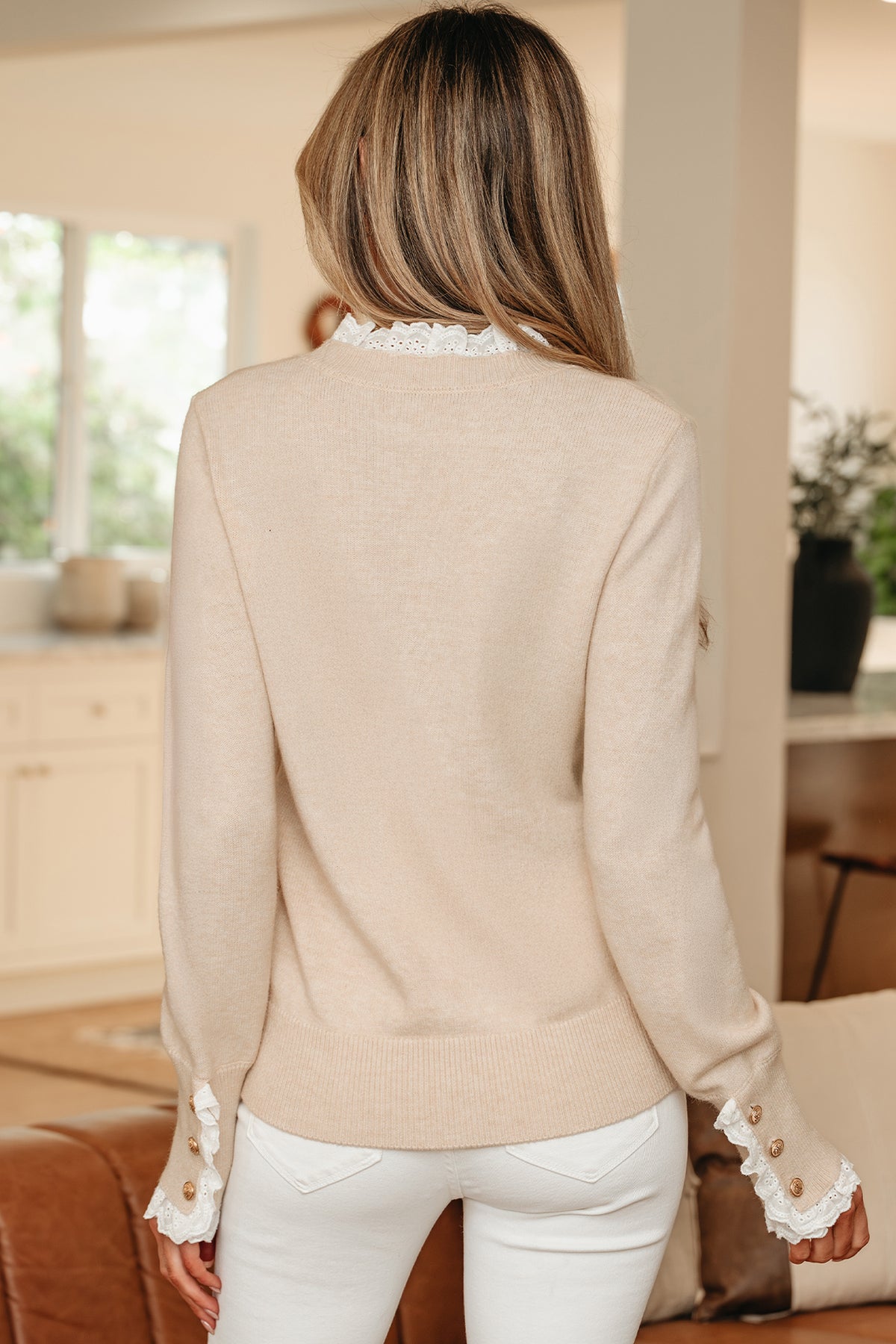 Jet Stream Lace Trim Patchwork Buttoned Cuffs Loose Sweater