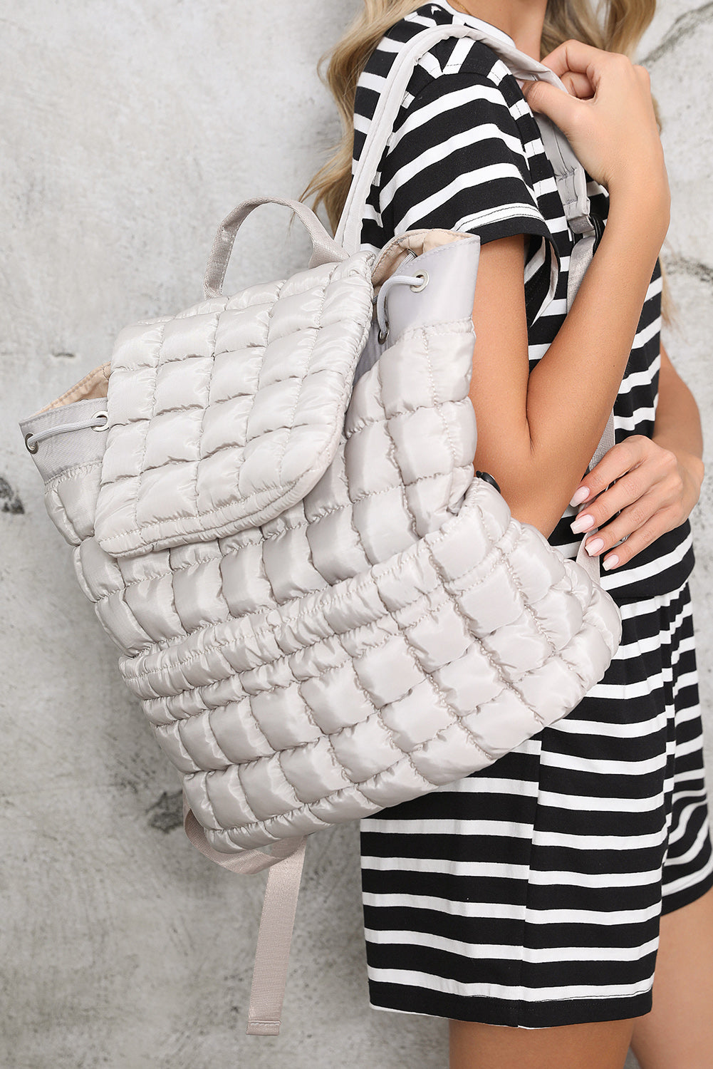 Pink Solid Flapped Quilted Puffer Backpack
