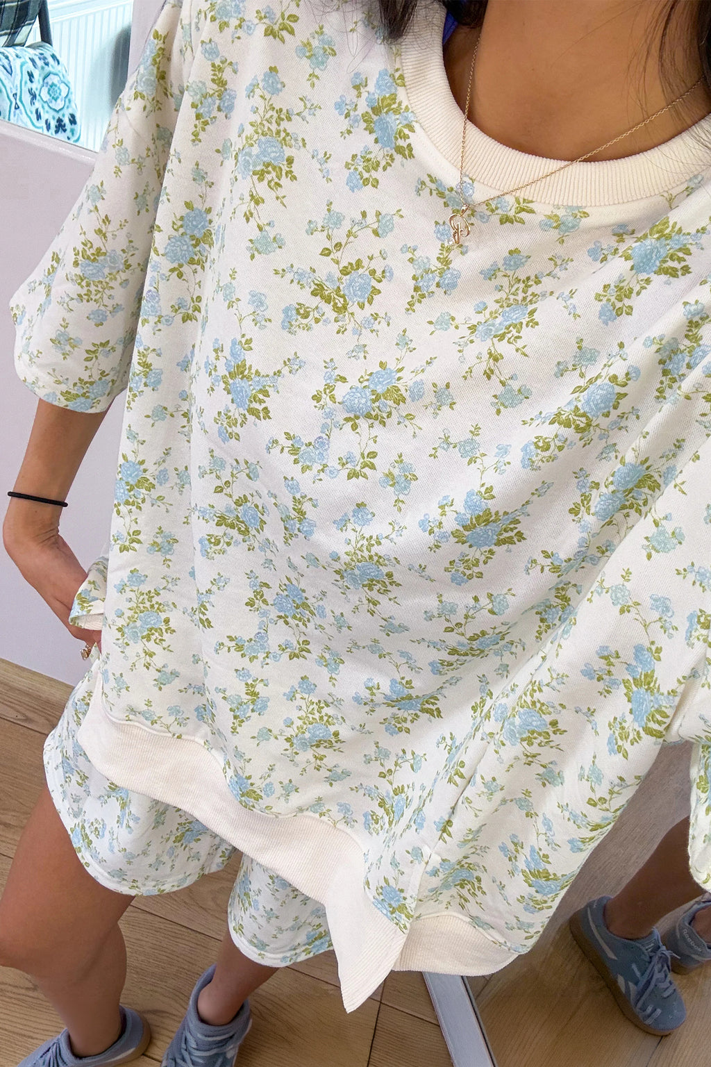 Pink Floral Print Short Sleeve Elastic Waist Pocket Casual Two Piece Short Sets