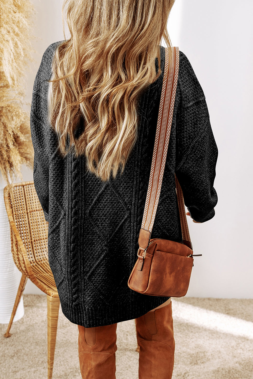 Oatmeal Cable Knit Drop Shoulder Loose Fit Sweater Dress