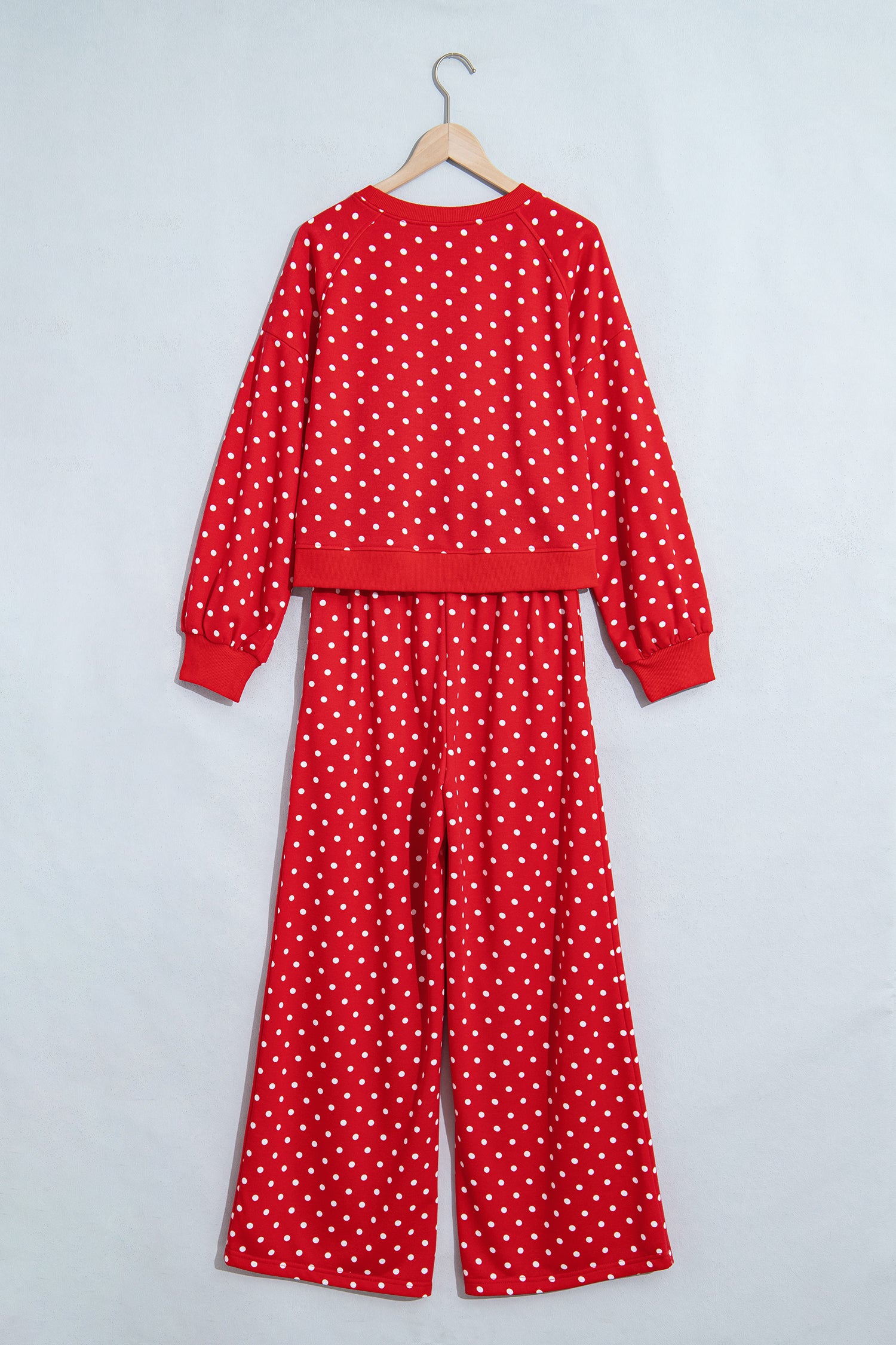 Blue Polka Dot Drawstring Wide Leg Long Sleeve Top Pant Set