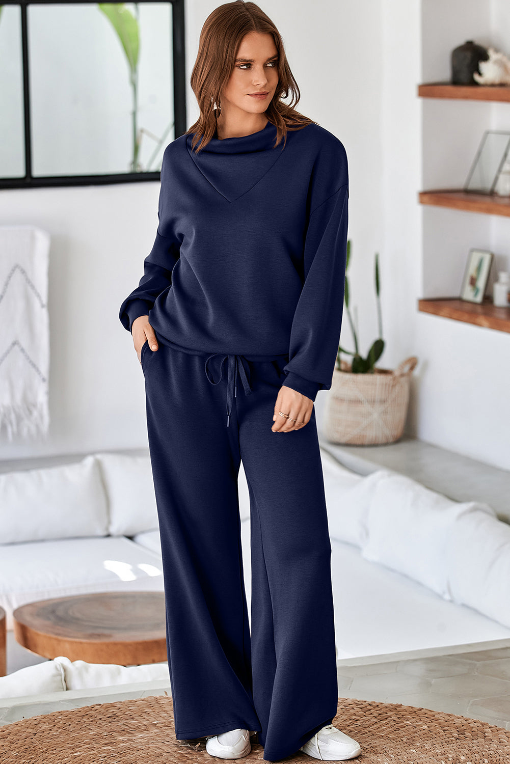 Dusk Blue Solid Color Cowl Neck Drawstring Pullover Wide Leg Athleisure Pants Set