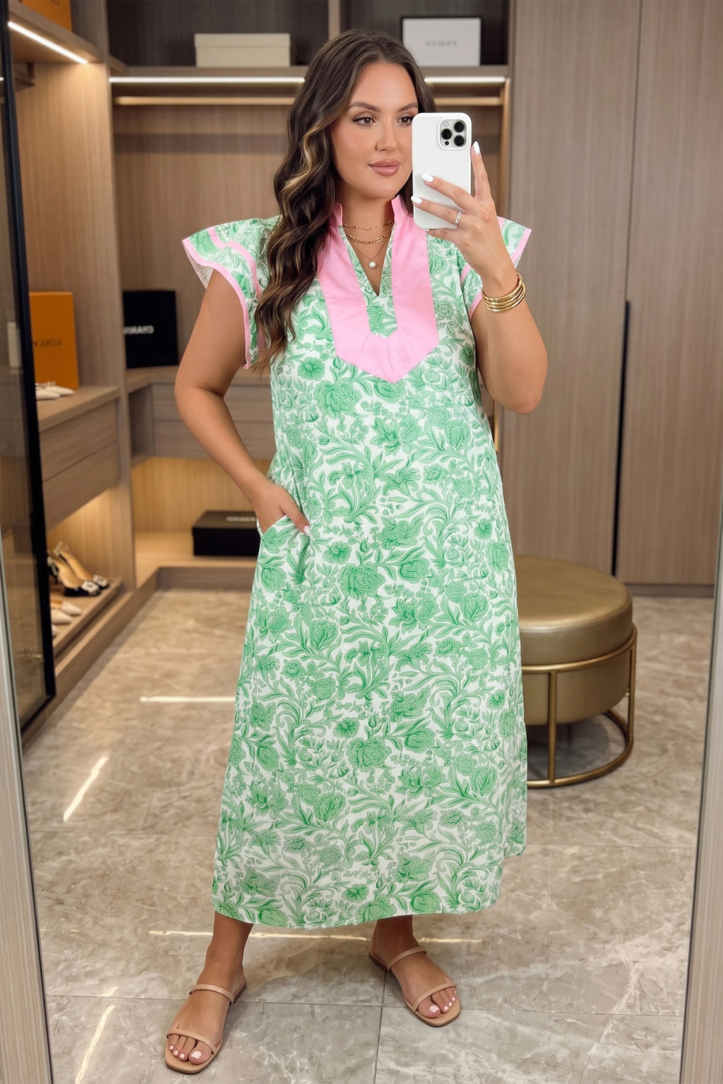 Green Plus Size Contrast Trim Flutter Sleeve Floral Kaftan Maxi Dress