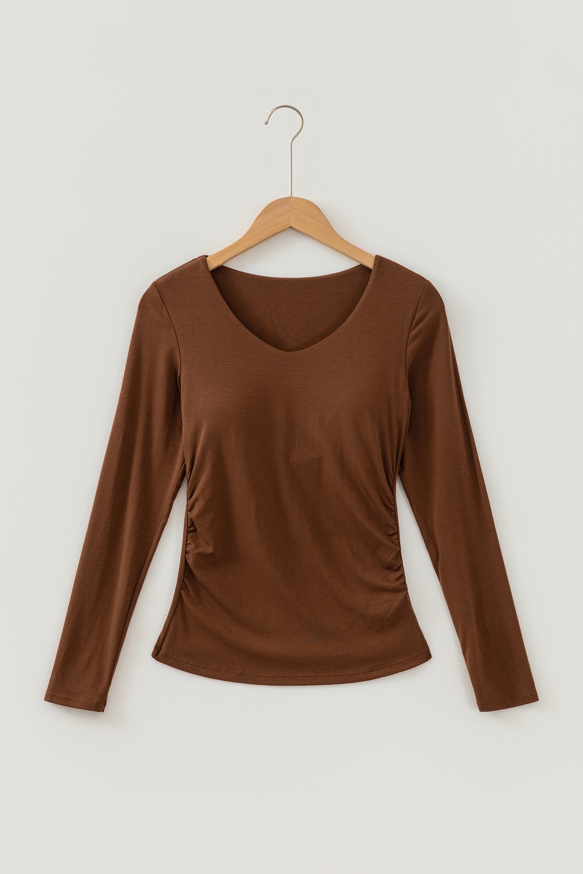 Coffee Slim Fit V Neck Long Sleeve Bra Buil-in Top