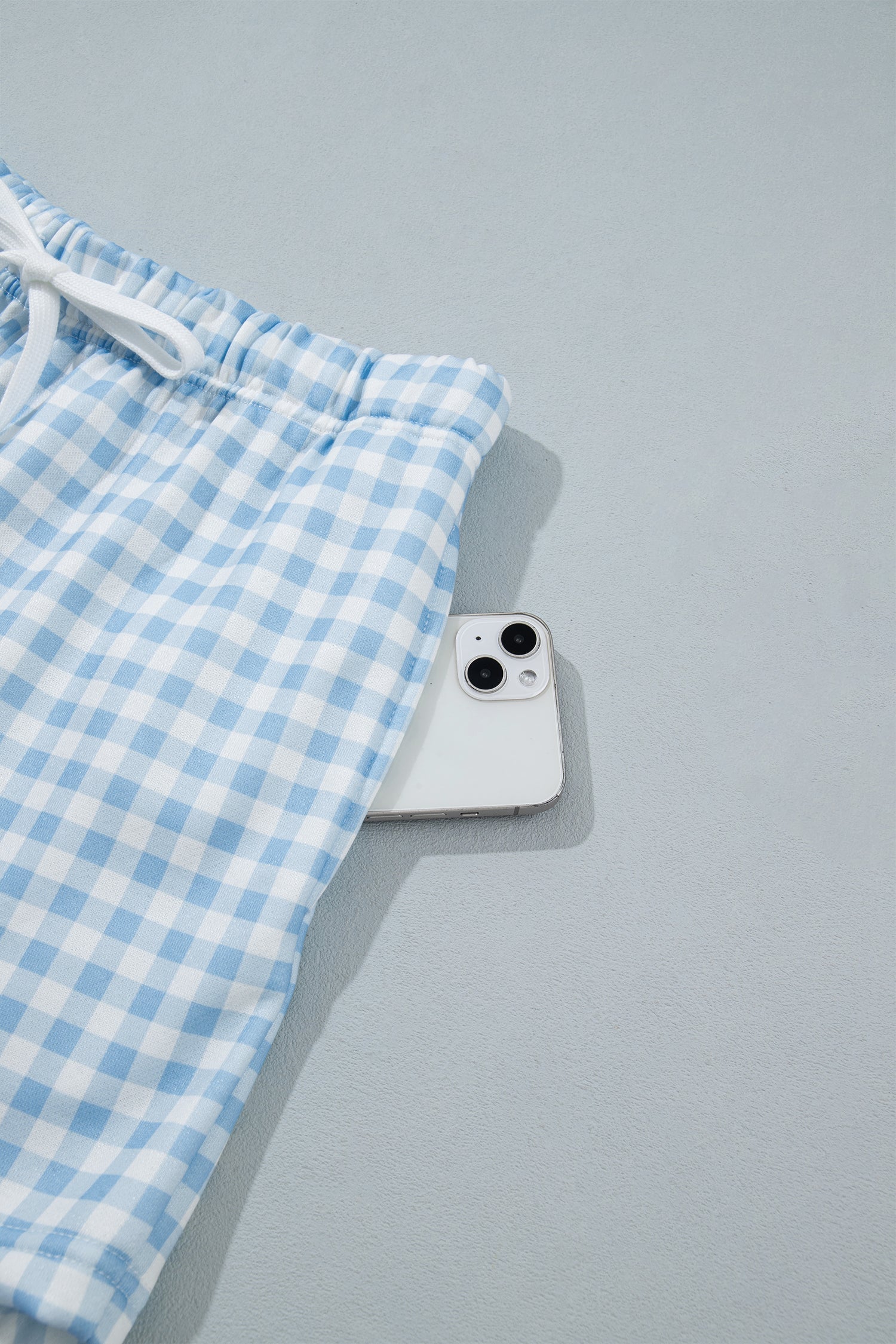 Sky Blue Plaid Baggy Pullover Drawstring Casual Shorts 2pcs Outfit