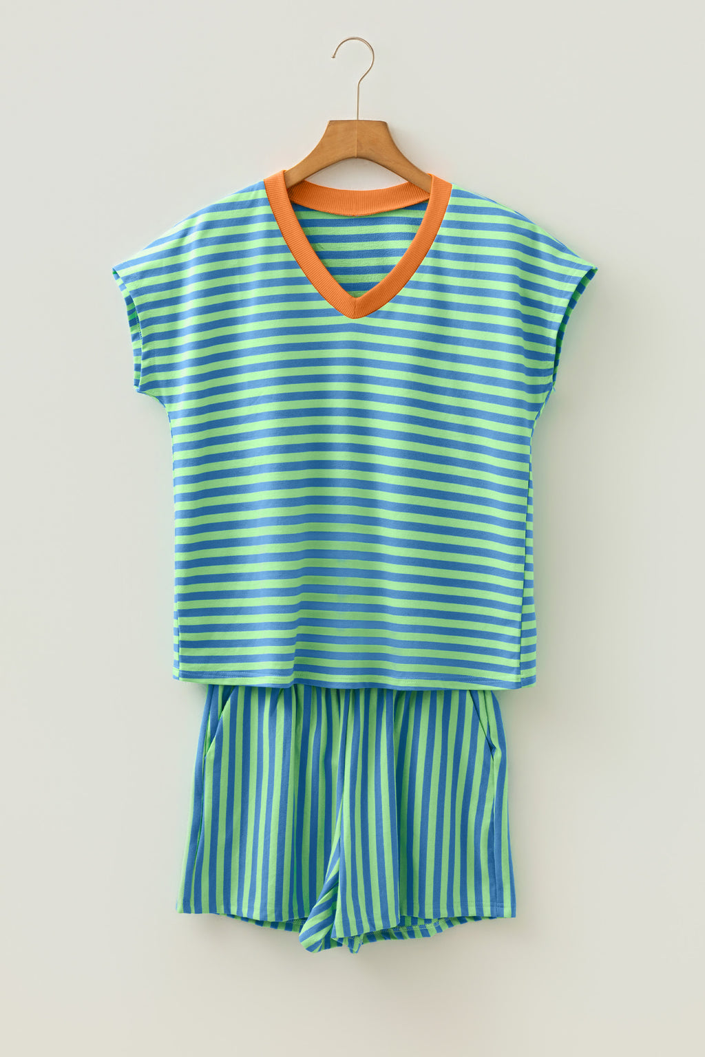 Pink Stripe Colorblock Trim V Neck Tee Drawstring Elastic Waist Short Set