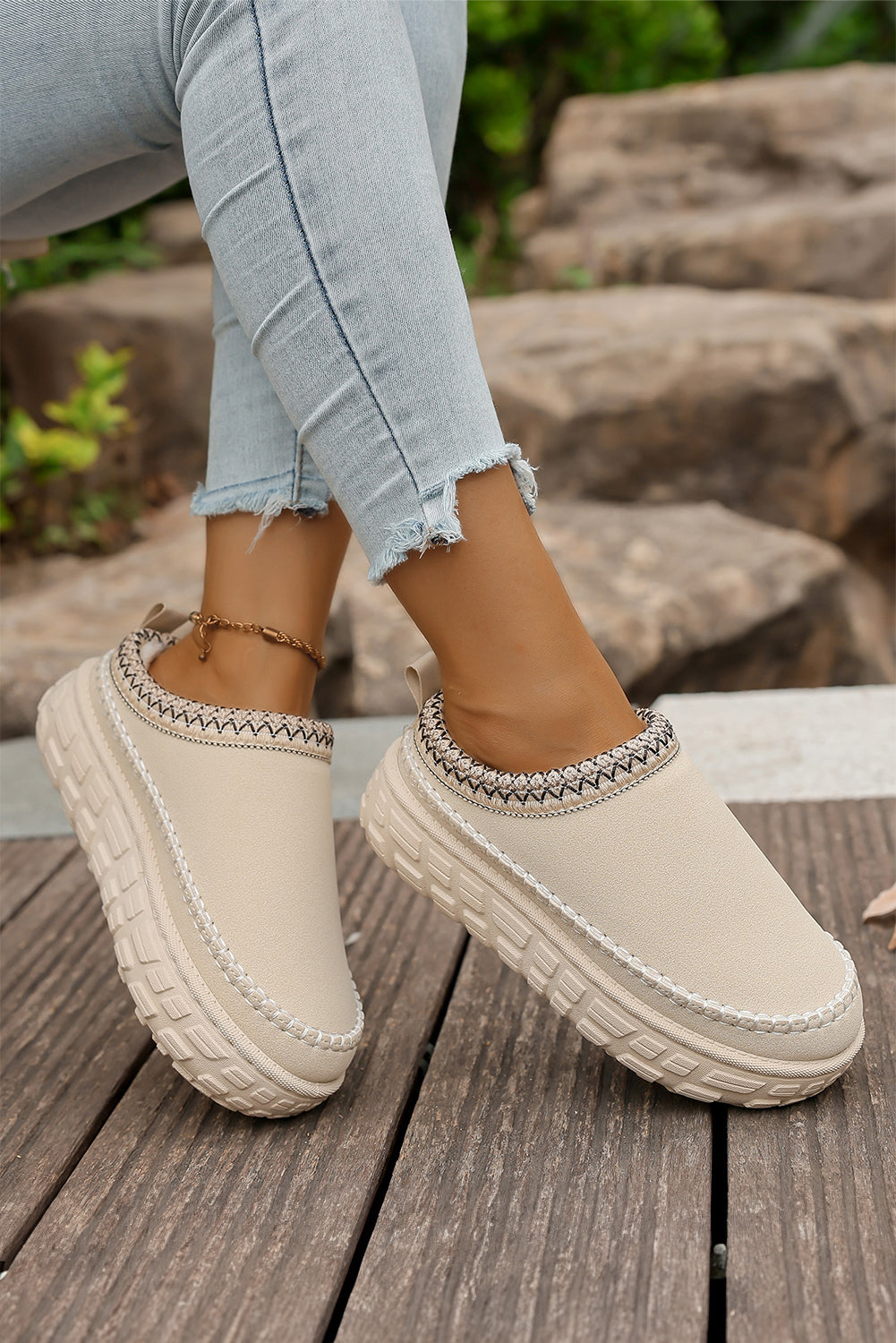 White Faux Suede Woven Trim Plush Lining Platform Slippers